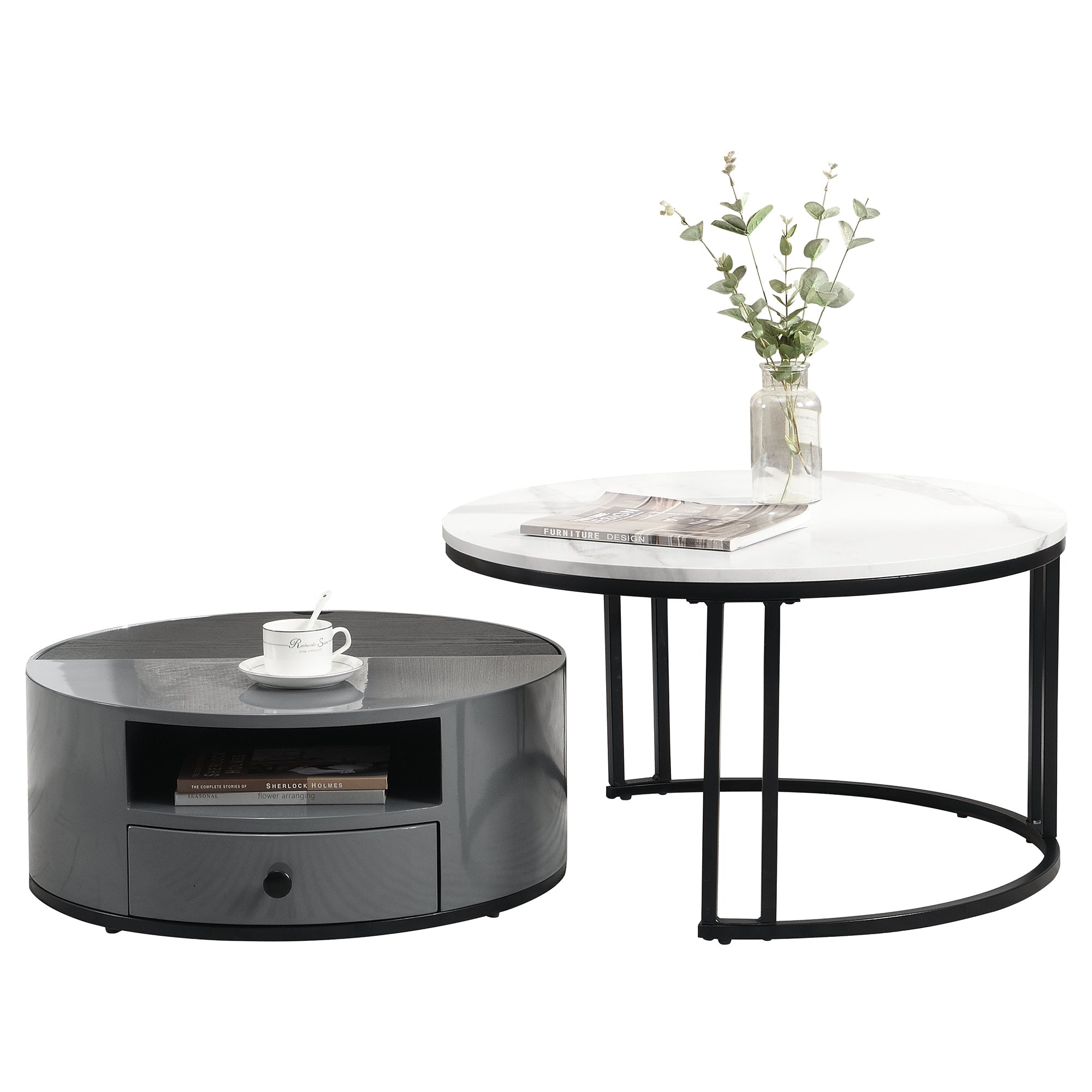 Logidon Nesting Salontafel 2 Stuks 70x70cm Zwart Grijs PVC Marmer Look