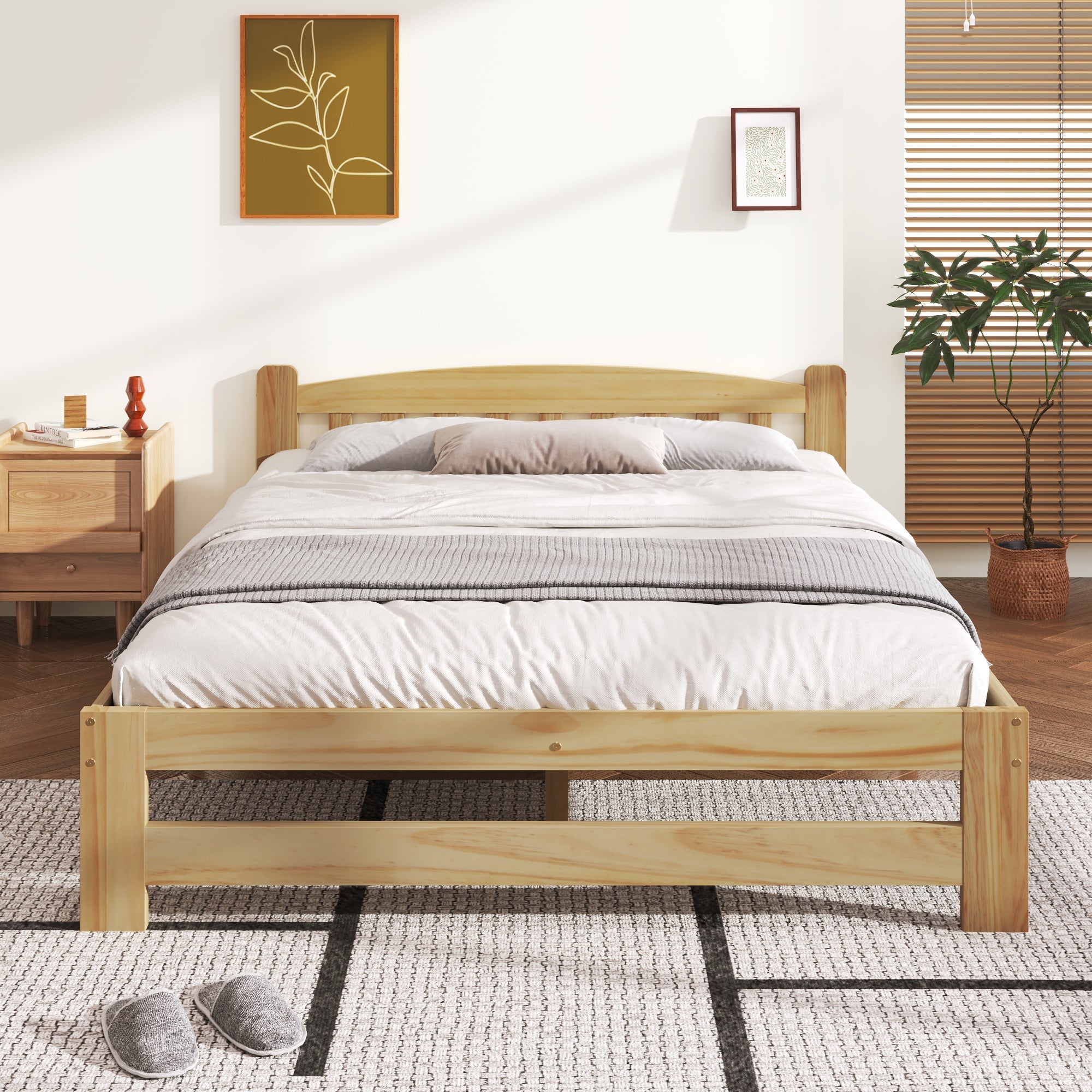 Logidon Solid Double Bed 140x200 Natural Wood Futon Bed With Headboard