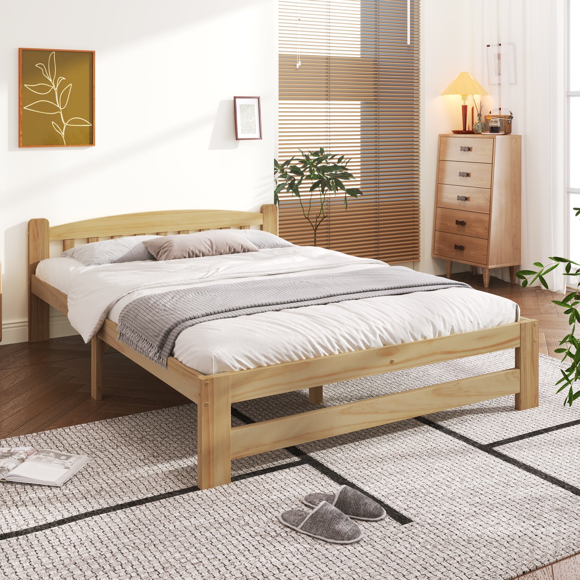 Logidon Solid Double Bed 140x200 Natural Wood Futon Bed With Headboard
