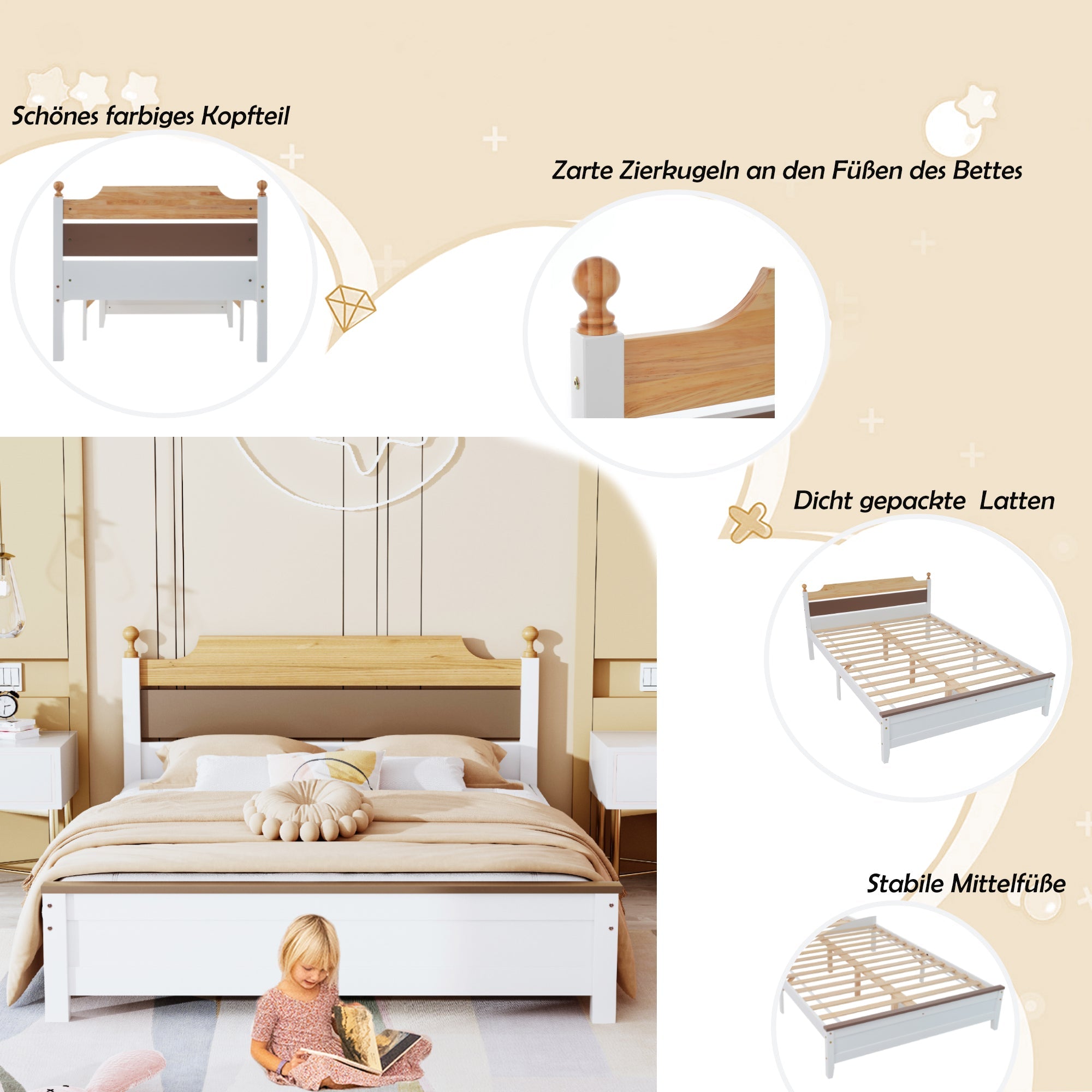 Logidon tweepersoonsbed grenenhouten frame 140x200 witte kleurblokken
