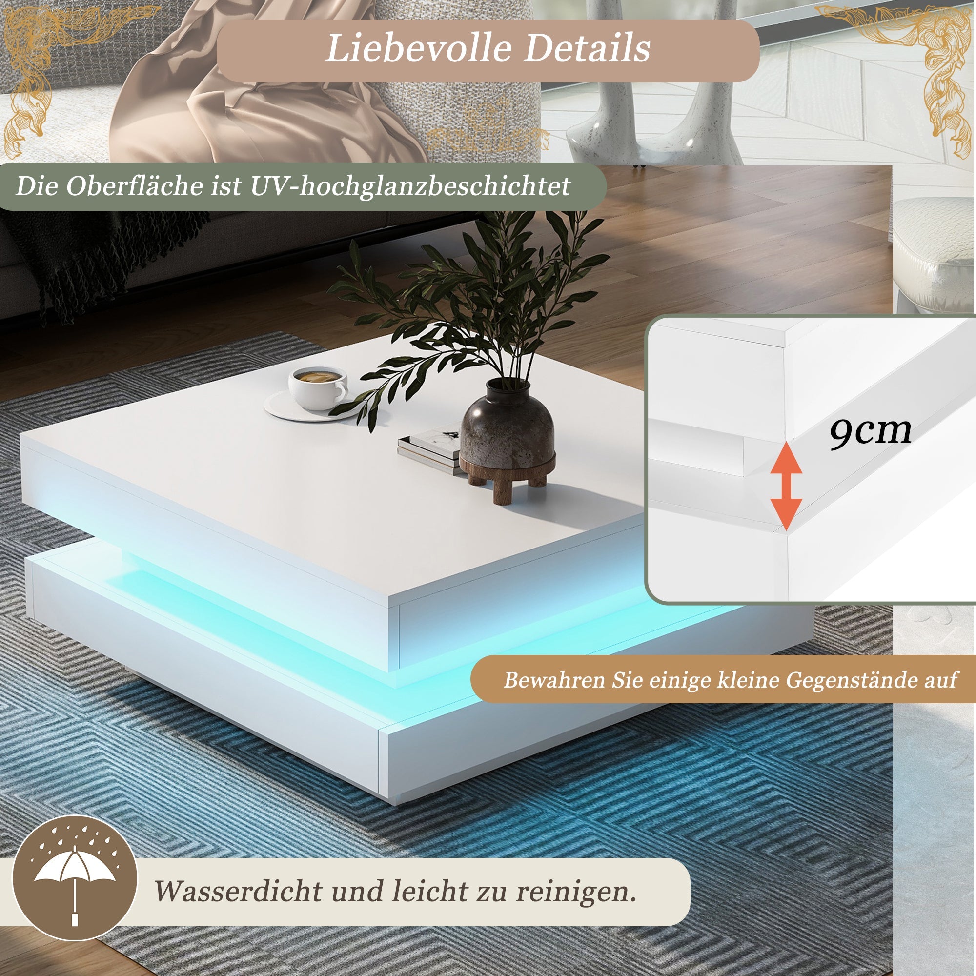 Logidon Vierkante Salontafel Wit LED Verlichting Bluetooth 70x70x36 cm