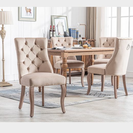 Logidon Velvet Beige 4-legged chair with button quilting and high backrest