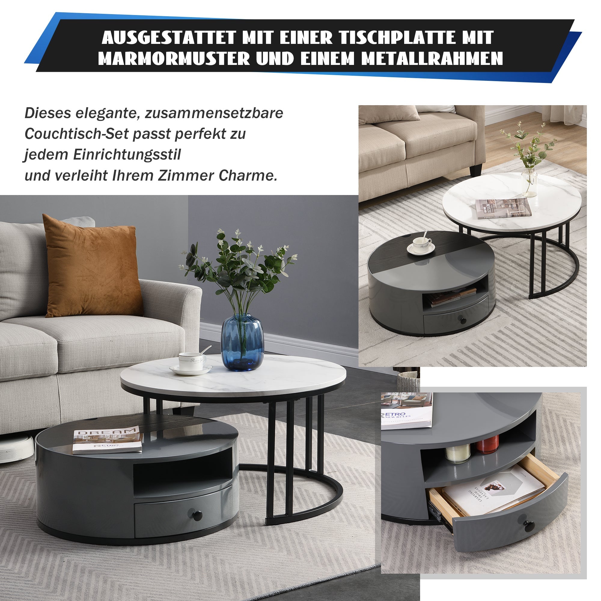 Logidon Nesting Salontafel 2 Stuks 70x70cm Zwart Grijs PVC Marmer Look