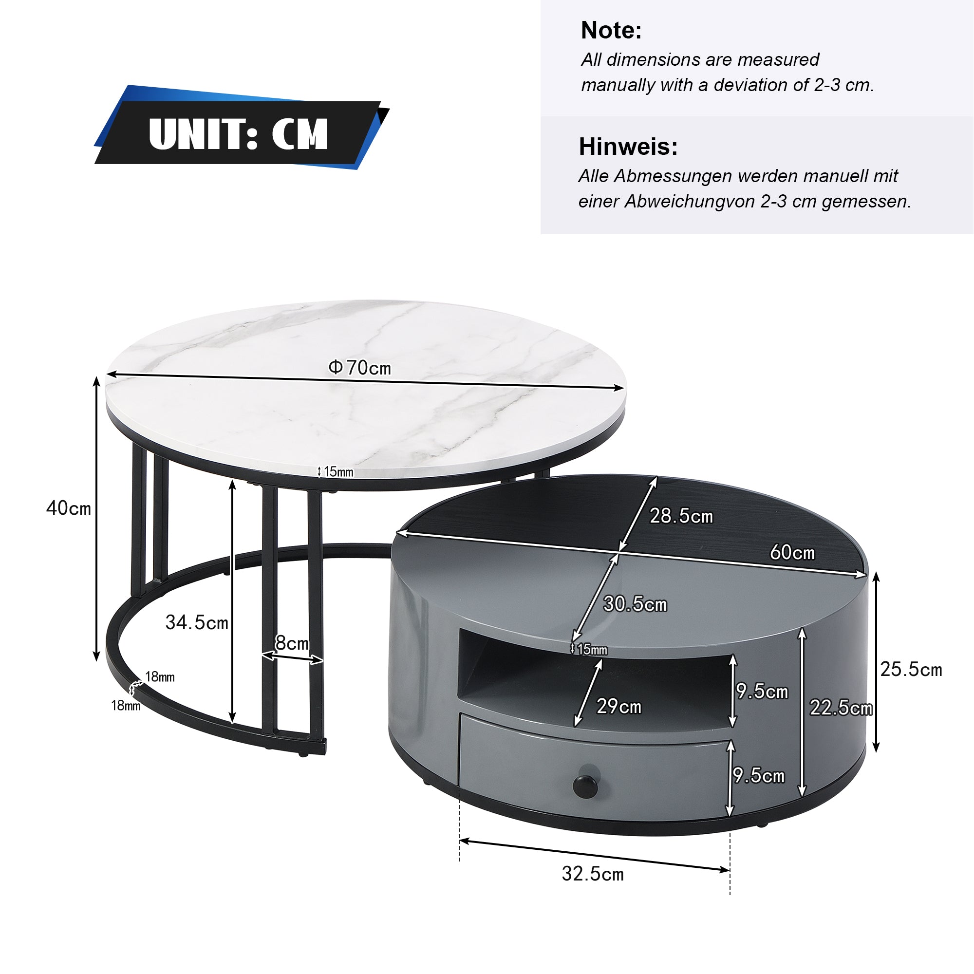 Logidon Nesting Salontafel 2 Stuks 70x70cm Zwart Grijs PVC Marmer Look
