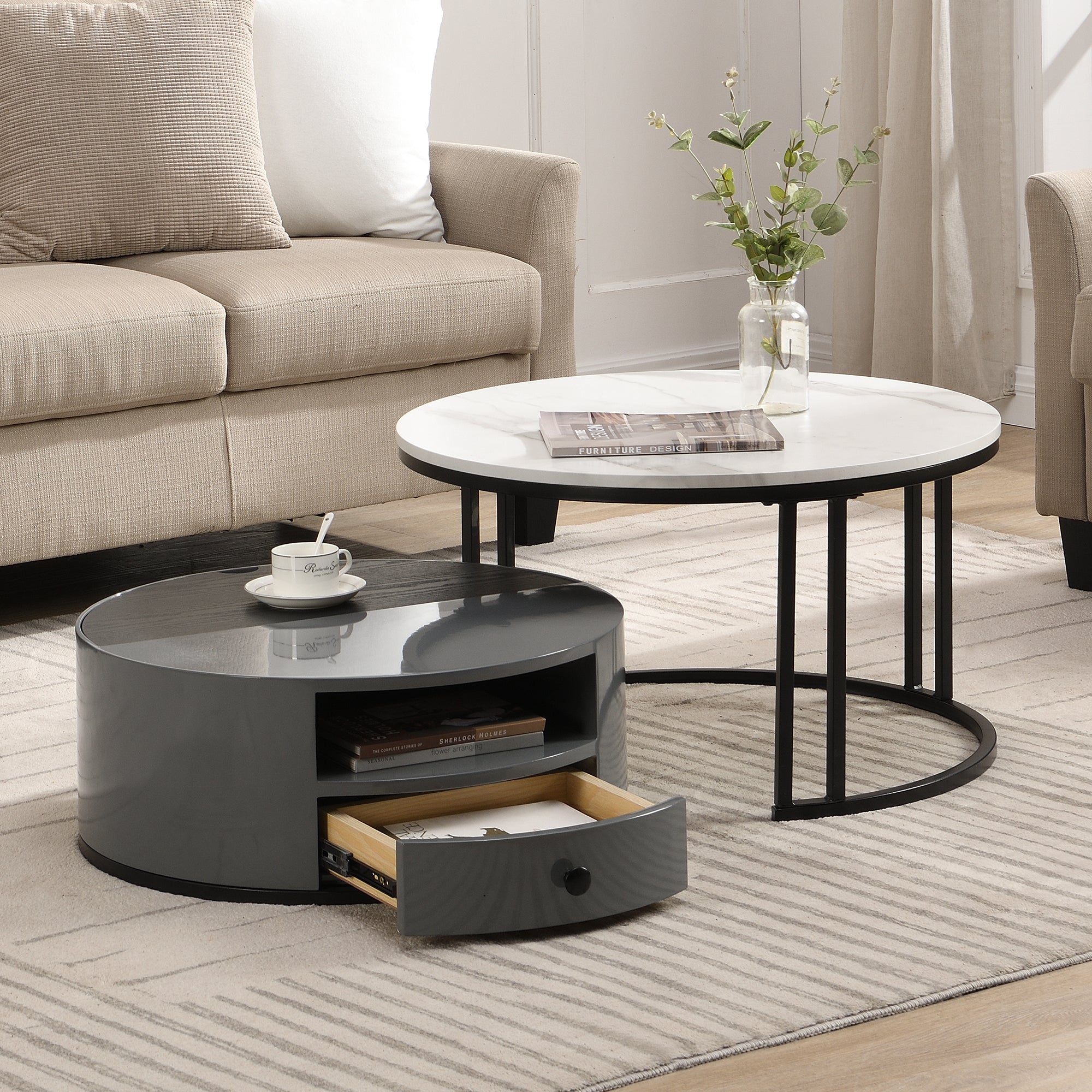 Logidon Nesting Salontafel 2 Stuks 70x70cm Zwart Grijs PVC Marmer Look