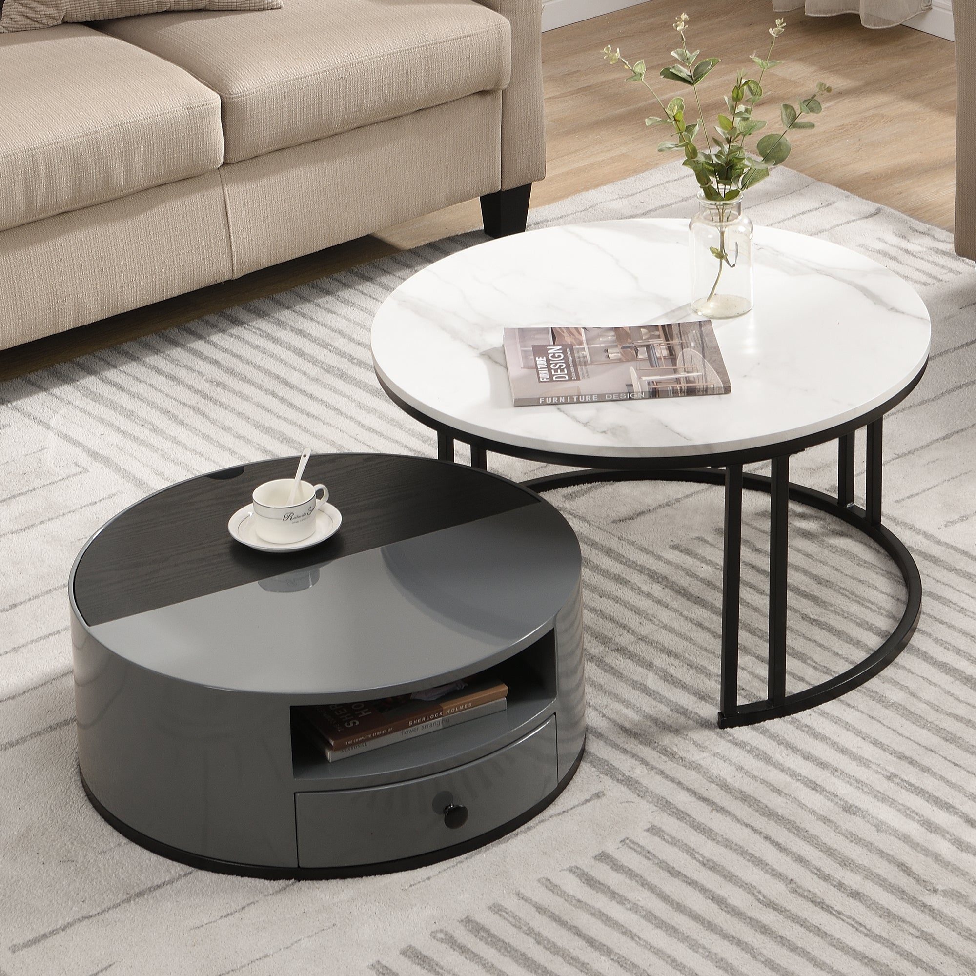 Logidon Nesting Salontafel 2 Stuks 70x70cm Zwart Grijs PVC Marmer Look