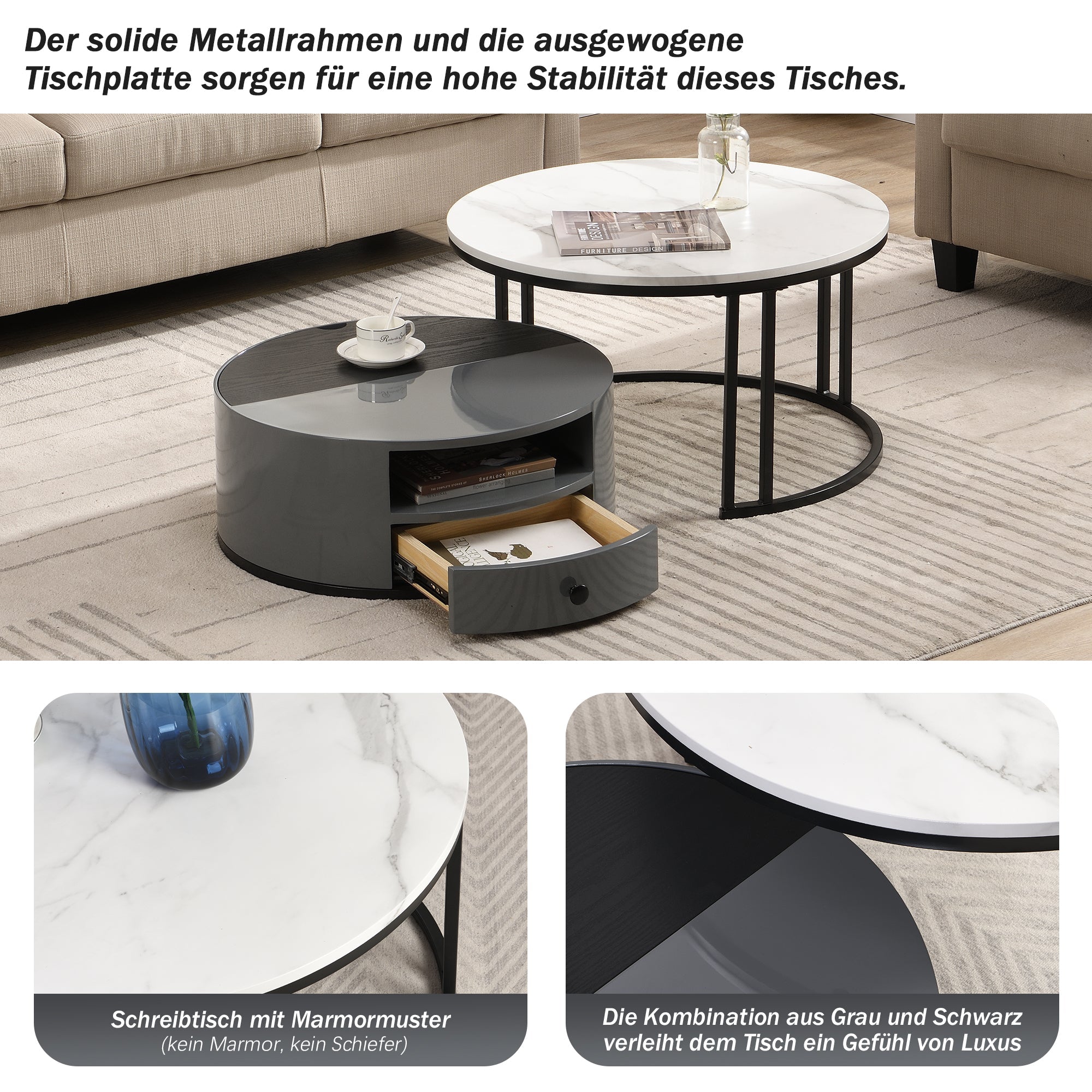 Logidon Nesting Salontafel 2 Stuks 70x70cm Zwart Grijs PVC Marmer Look