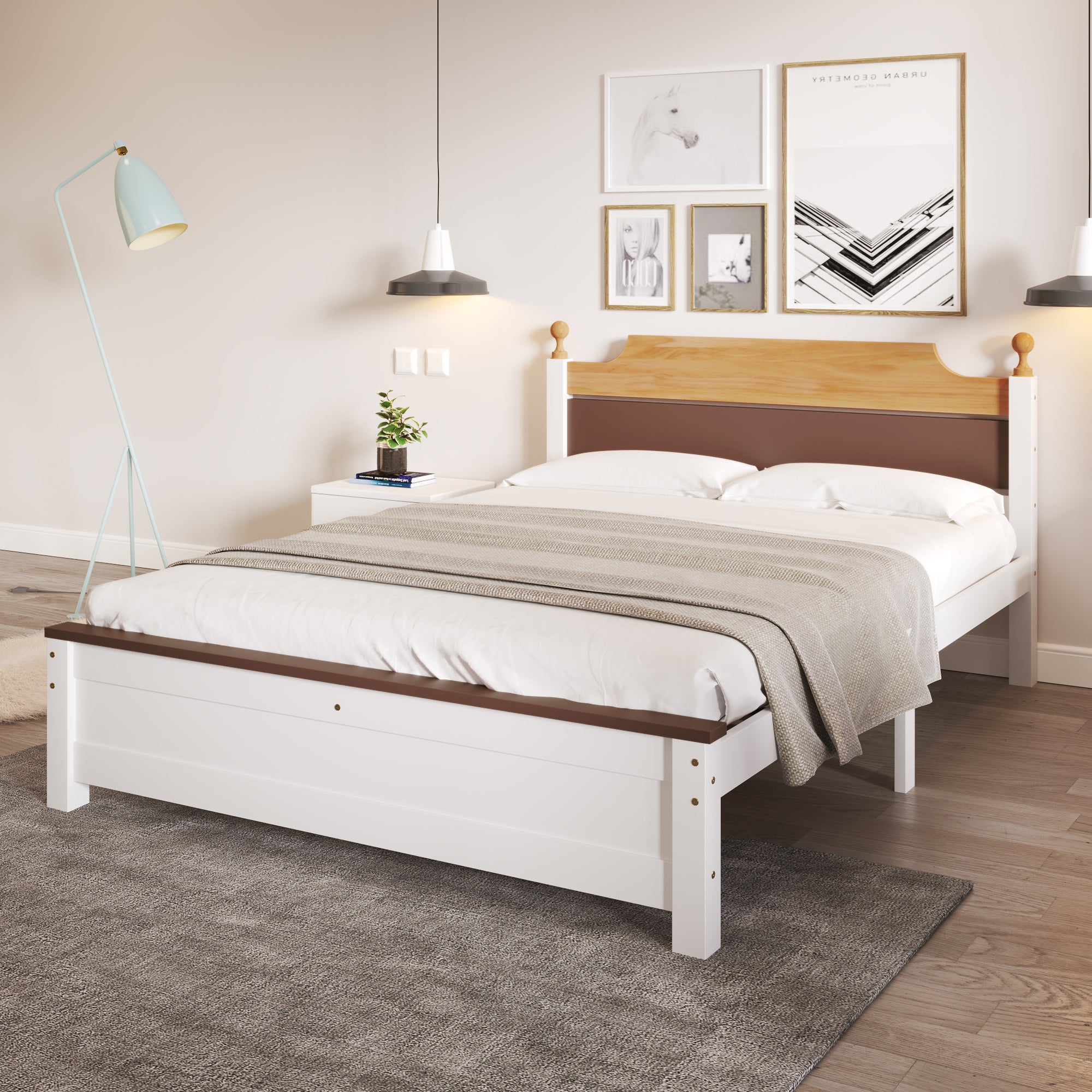 Logidon tweepersoonsbed grenenhouten frame 140x200 witte kleurblokken