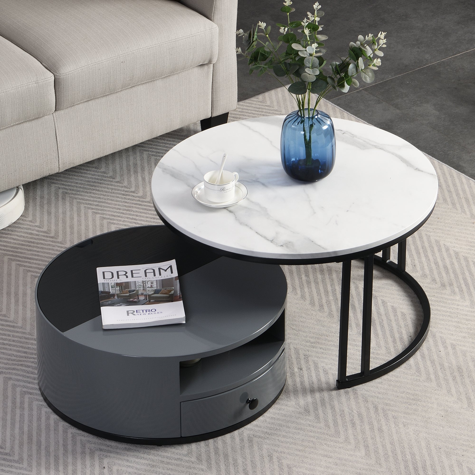 Logidon Nesting Salontafel 2 Stuks 70x70cm Zwart Grijs PVC Marmer Look