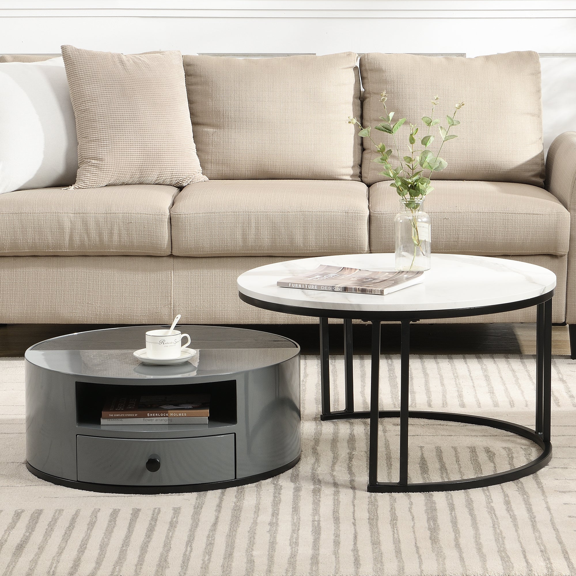Logidon Nesting Salontafel 2 Stuks 70x70cm Zwart Grijs PVC Marmer Look