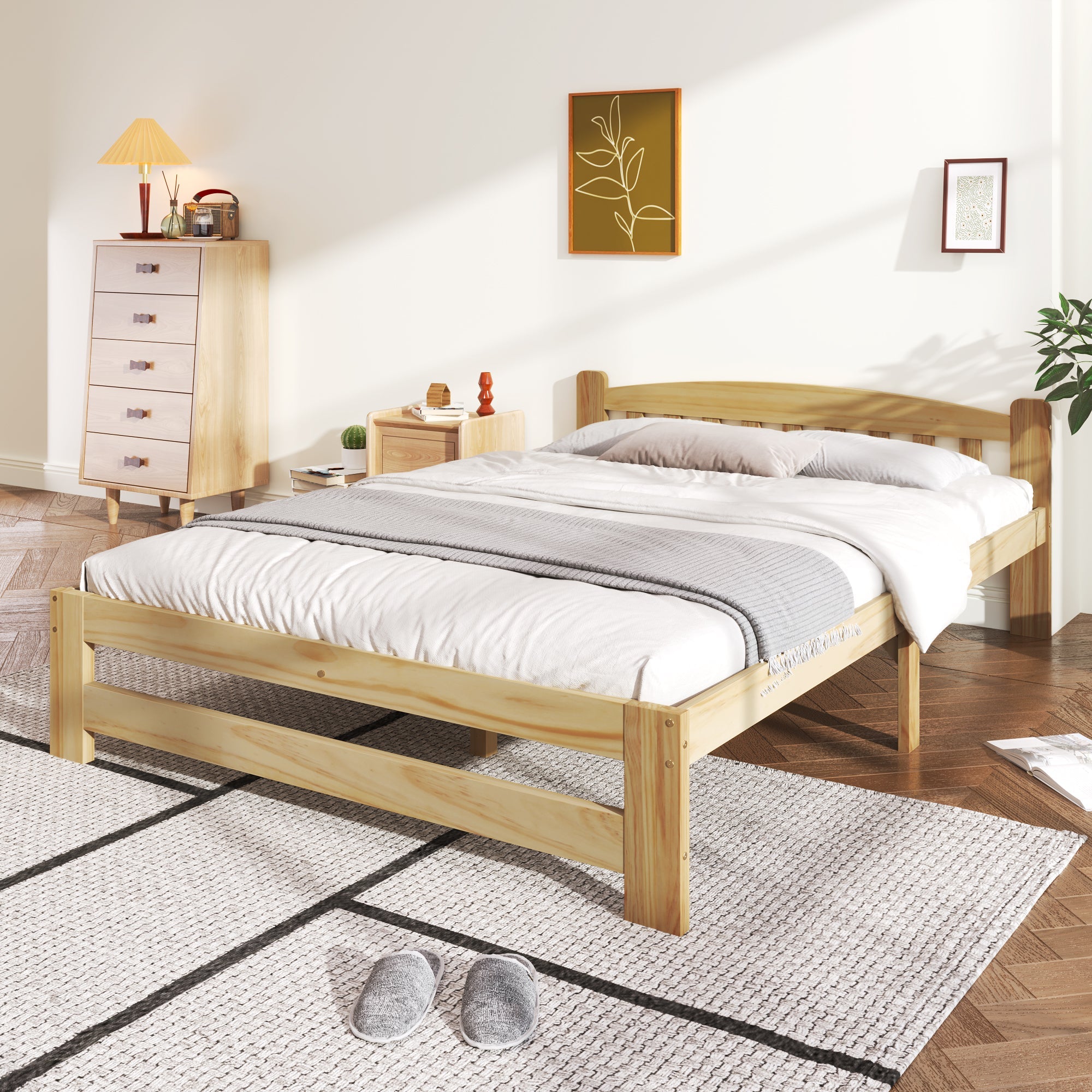 Logidon Solid Double Bed 140x200 Natural Wood Futon Bed With Headboard