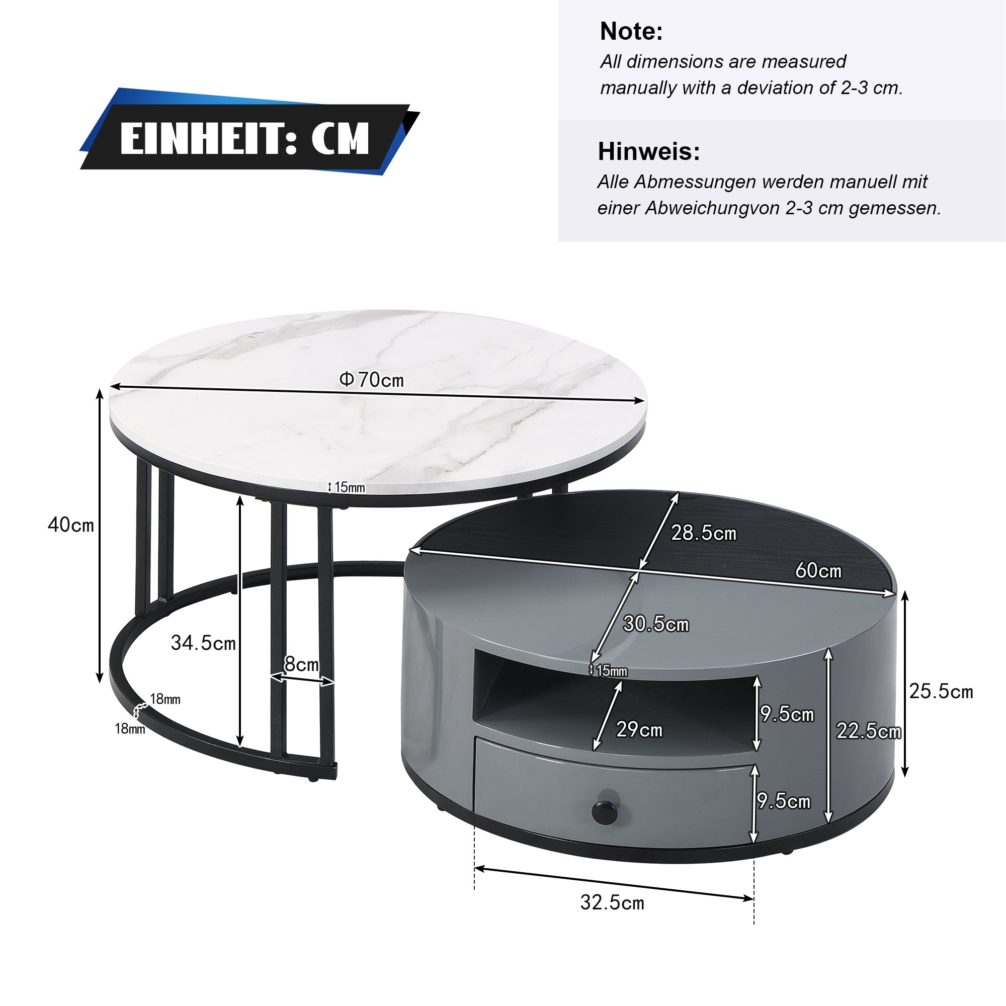 Logidon Nesting Salontafel 2 Stuks 70x70cm Zwart Grijs PVC Marmer Look