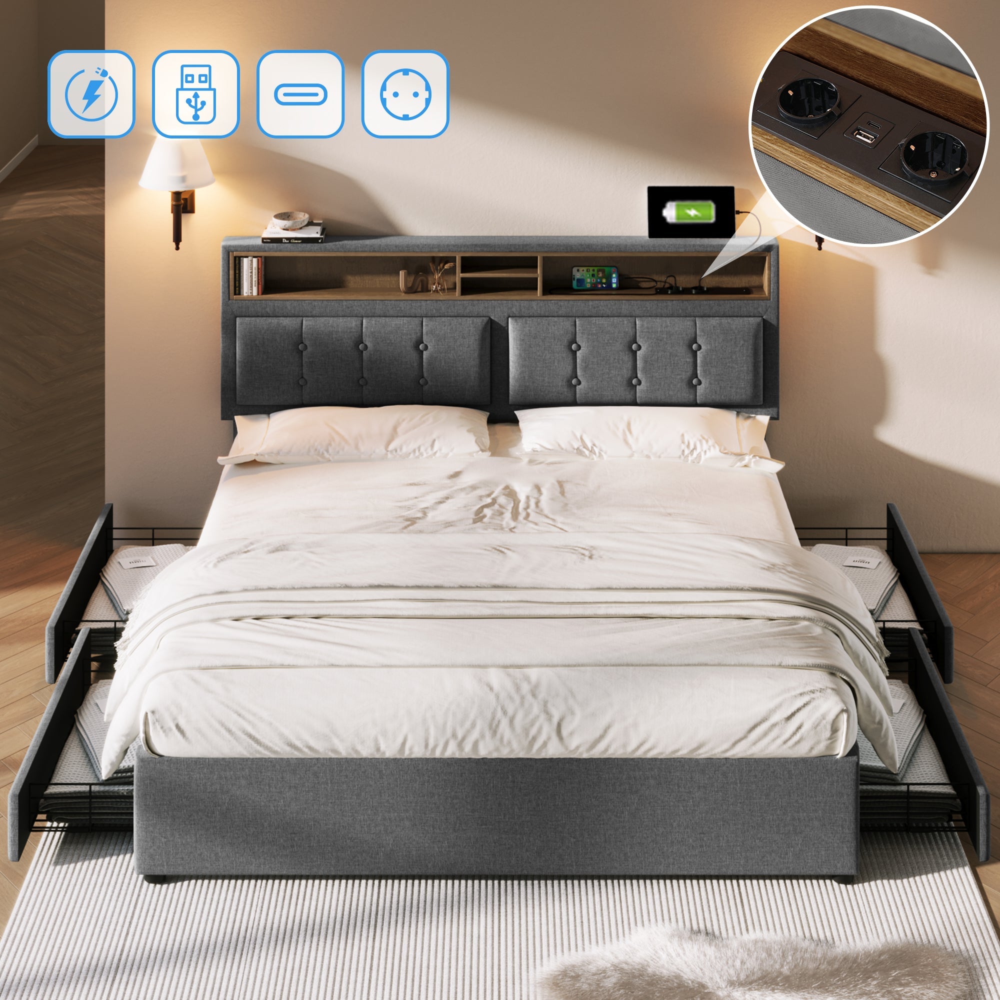 Logidon upholstered bed 140x200 cm with USB C charging station and 4 drawers