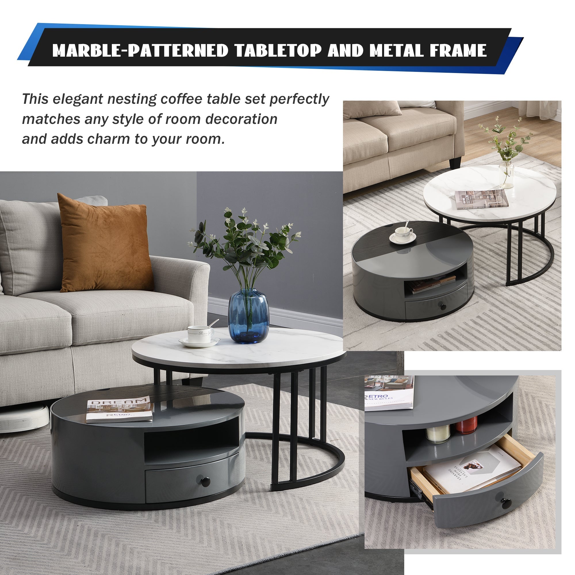 Logidon Nesting Salontafel 2 Stuks 70x70cm Zwart Grijs PVC Marmer Look