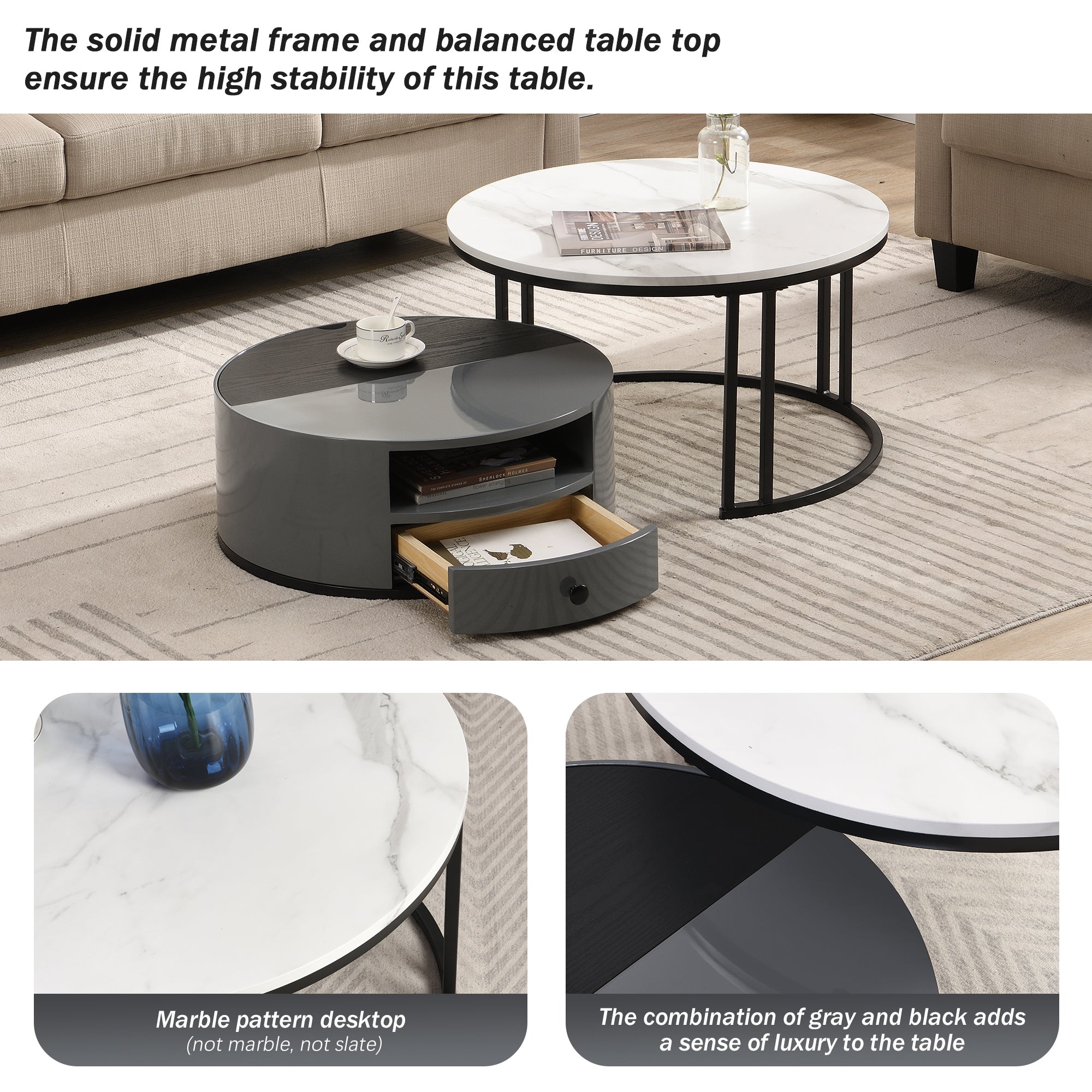 Logidon Nesting Salontafel 2 Stuks 70x70cm Zwart Grijs PVC Marmer Look