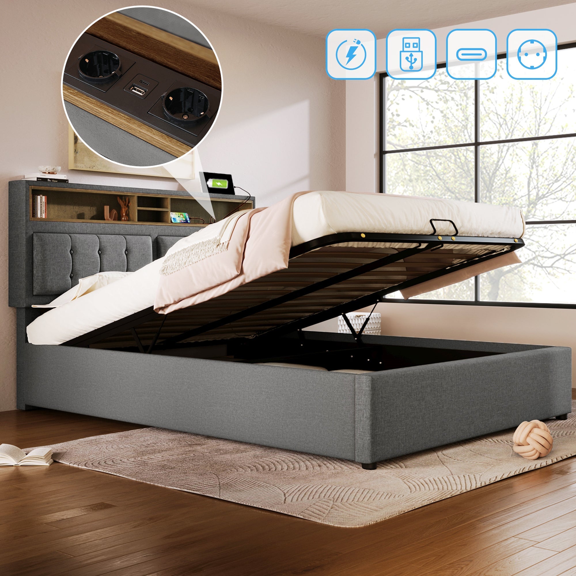 Logidon gestoffeerd bed 140x200 USB C oplaadfunctie grijs