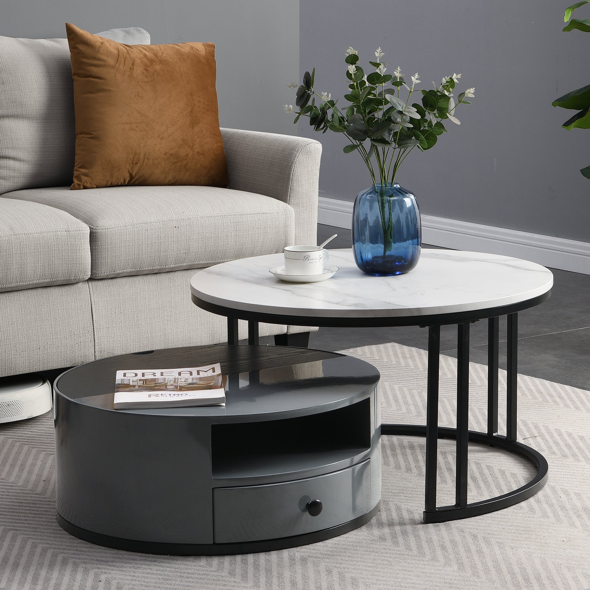 Logidon Nesting Salontafel 2 Stuks 70x70cm Zwart Grijs PVC Marmer Look