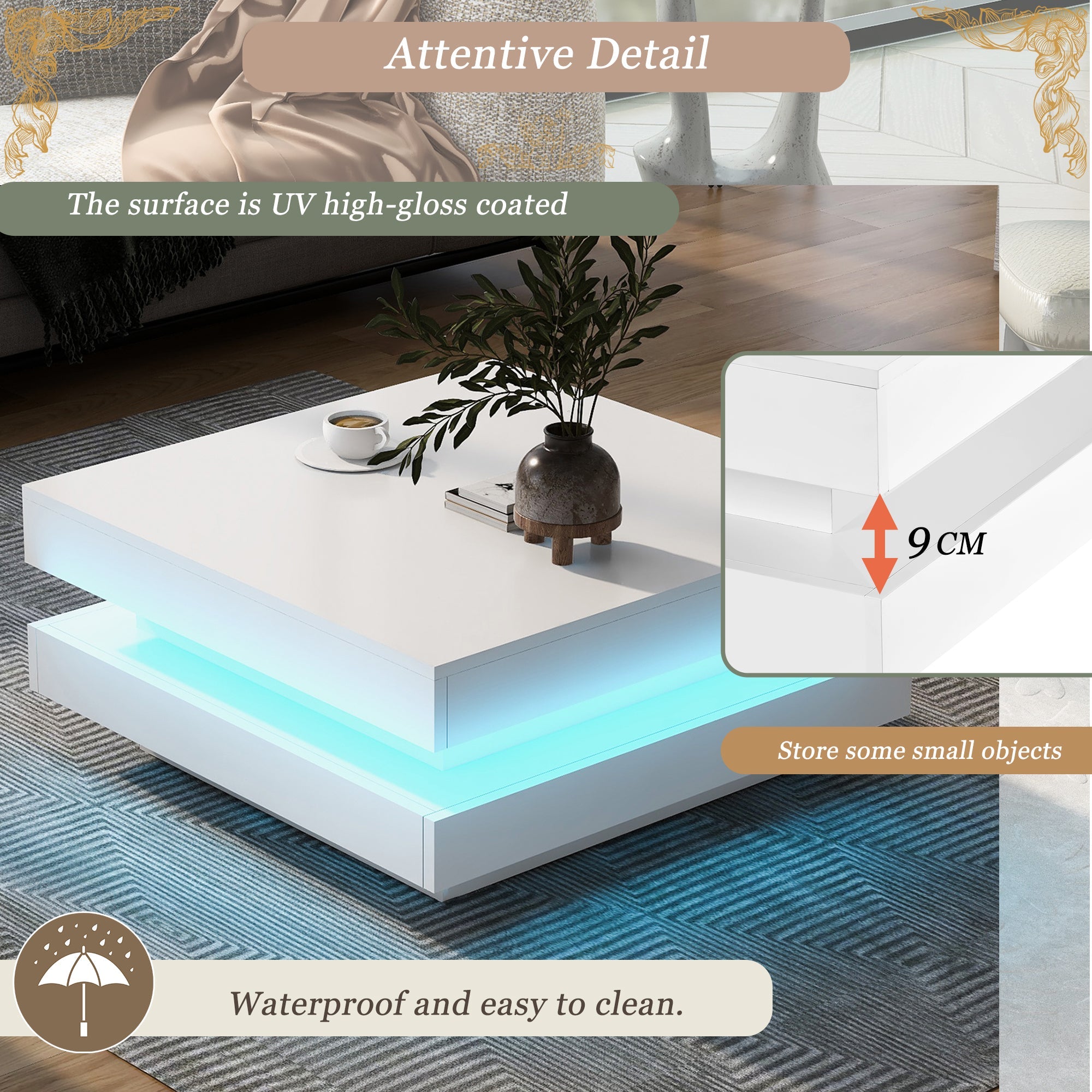Logidon Vierkante Salontafel Wit LED Verlichting Bluetooth 70x70x36 cm