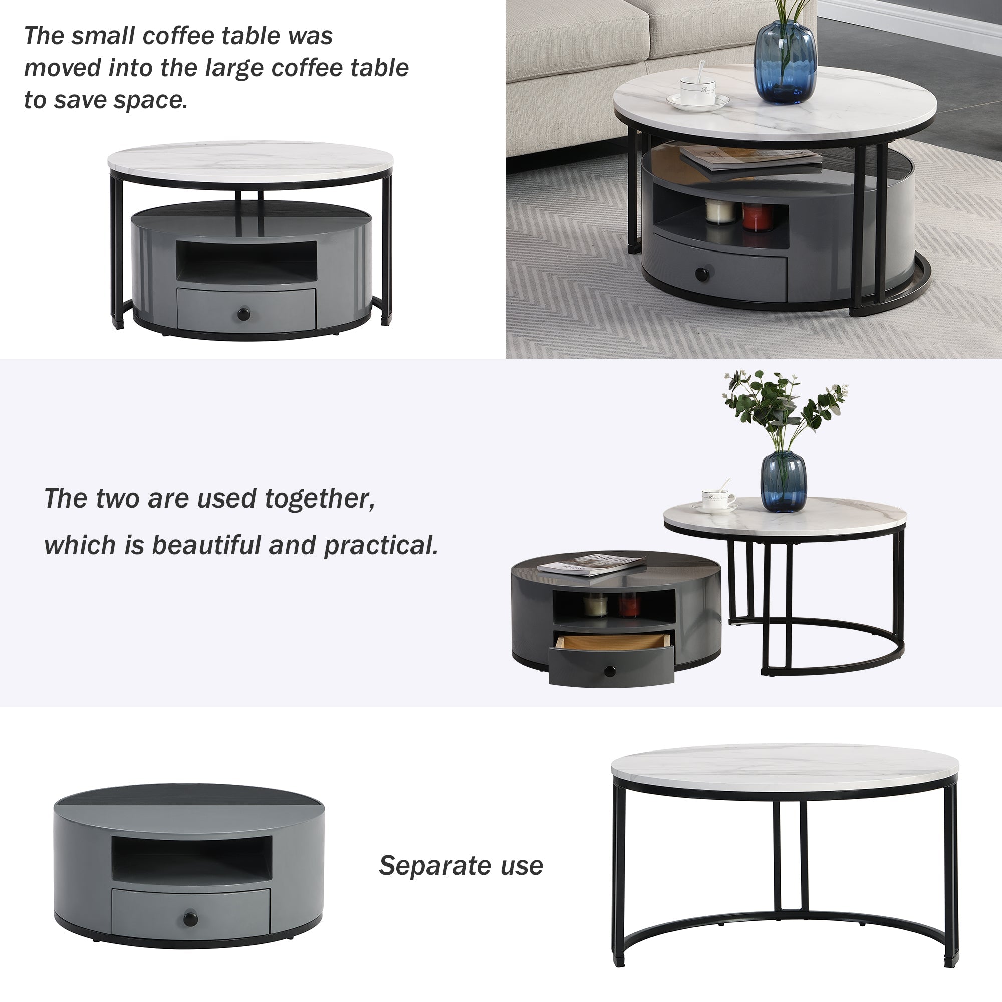 Logidon Nesting Salontafel 2 Stuks 70x70cm Zwart Grijs PVC Marmer Look