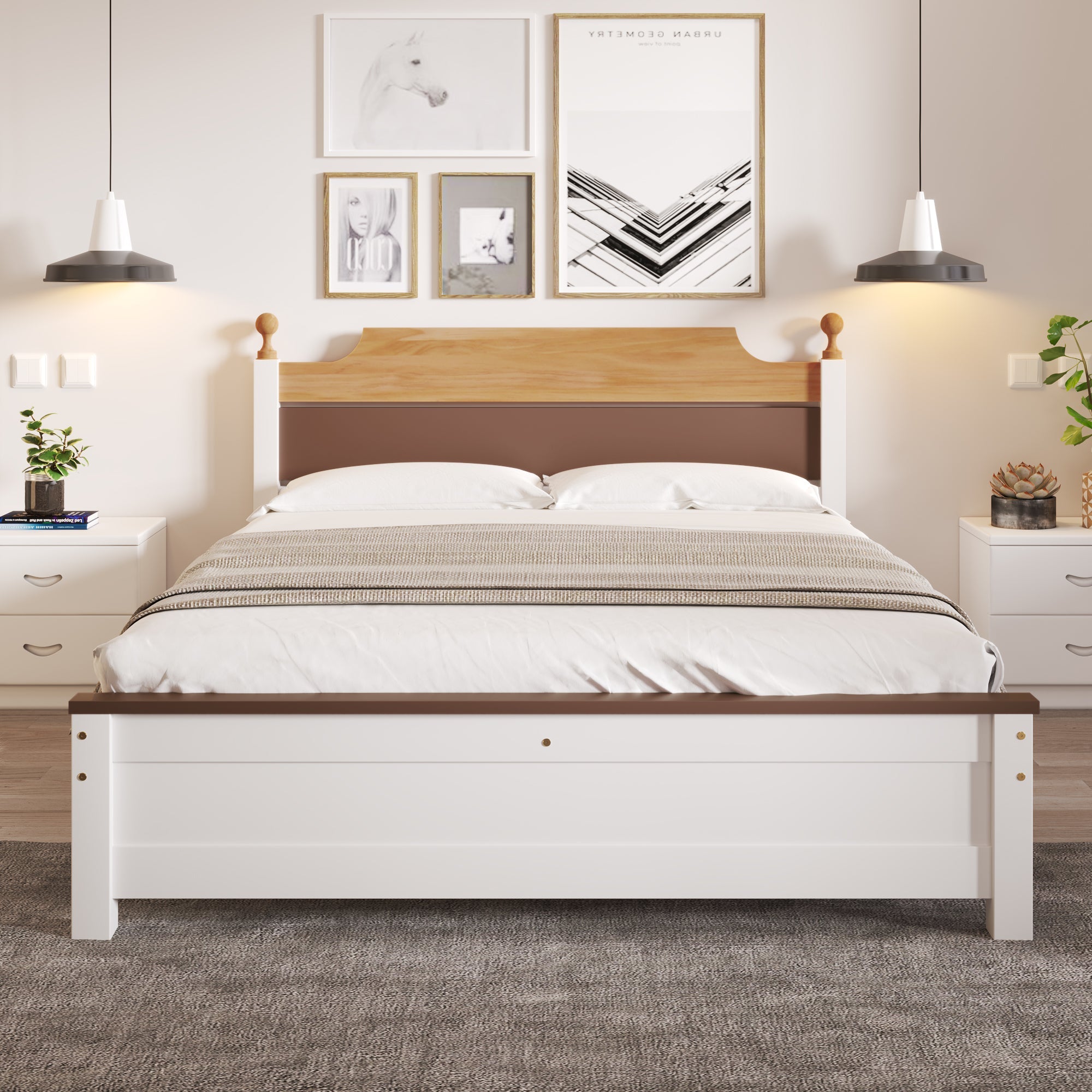Logidon tweepersoonsbed grenenhouten frame 140x200 witte kleurblokken