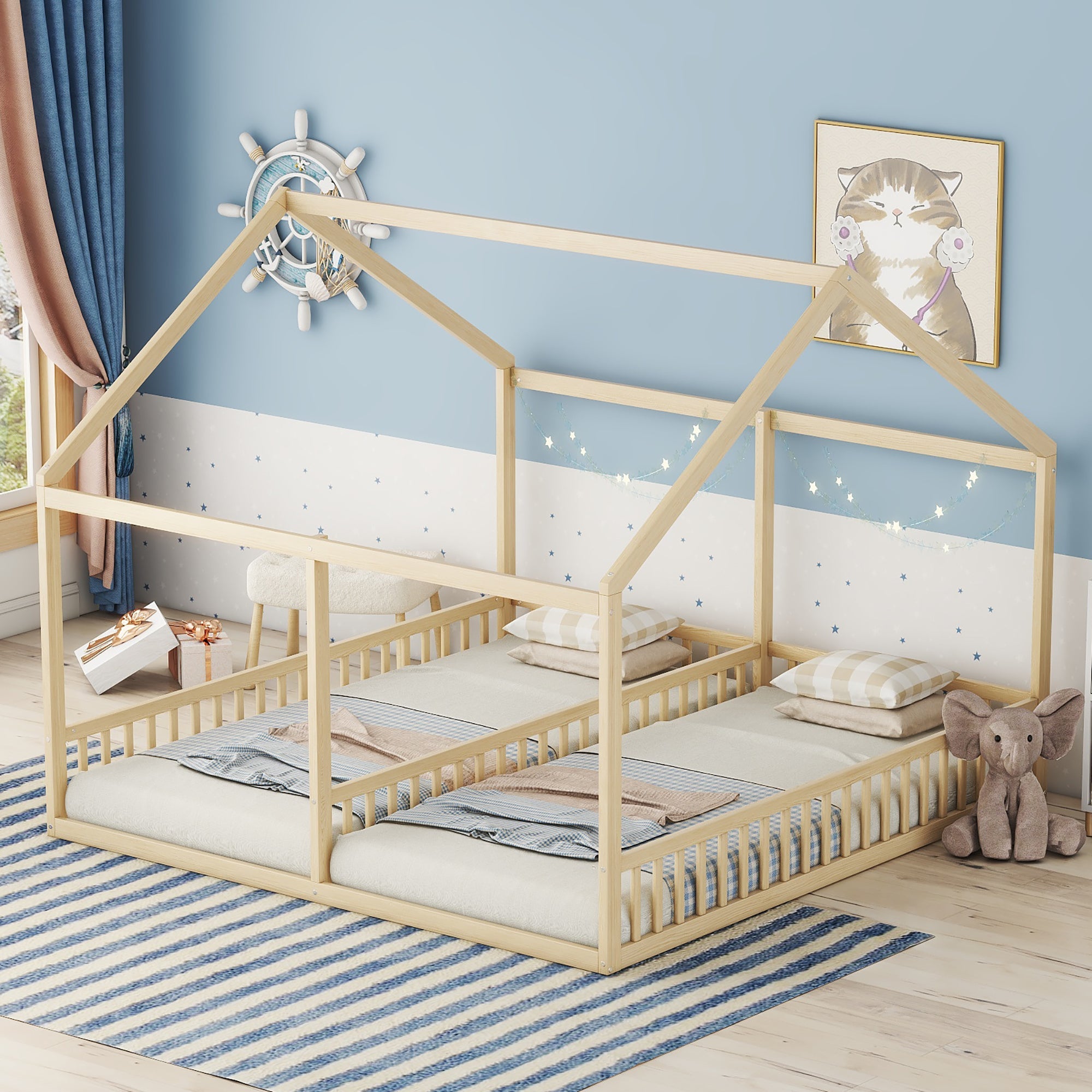 Logidon 90x200 single beds 2-in-1 house bed natural wood brown