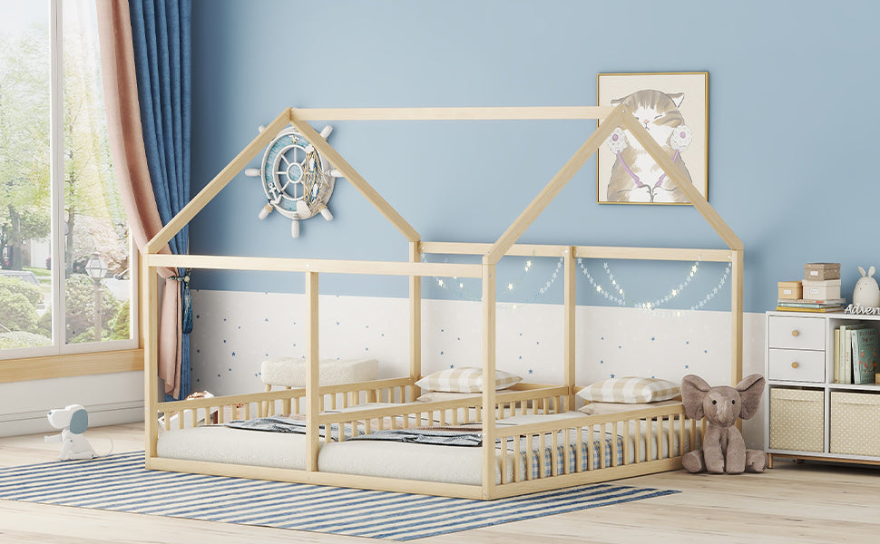 Logidon 90x200 single beds 2-in-1 house bed natural wood brown