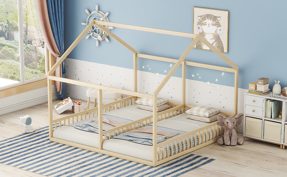 Logidon 90x200 single beds 2-in-1 house bed natural wood brown