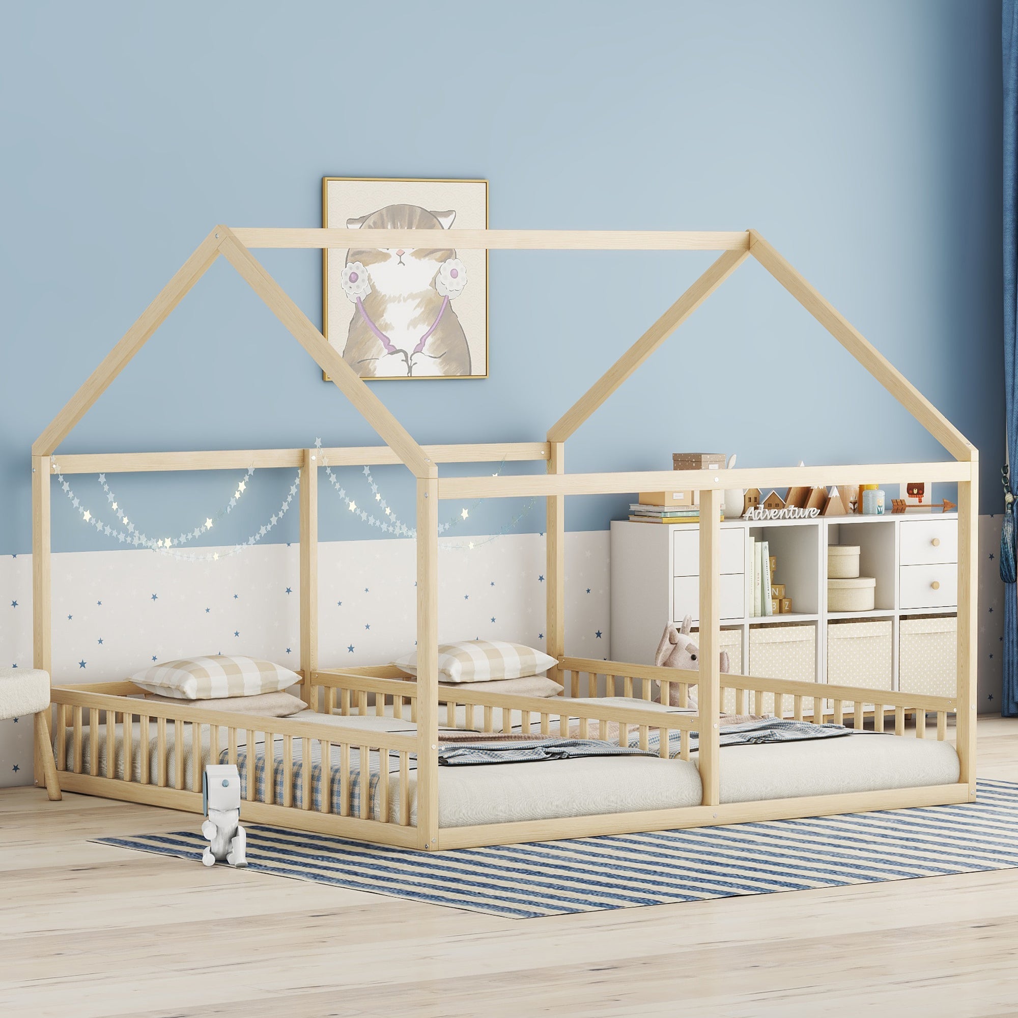 Logidon 90x200 single beds 2-in-1 house bed natural wood brown