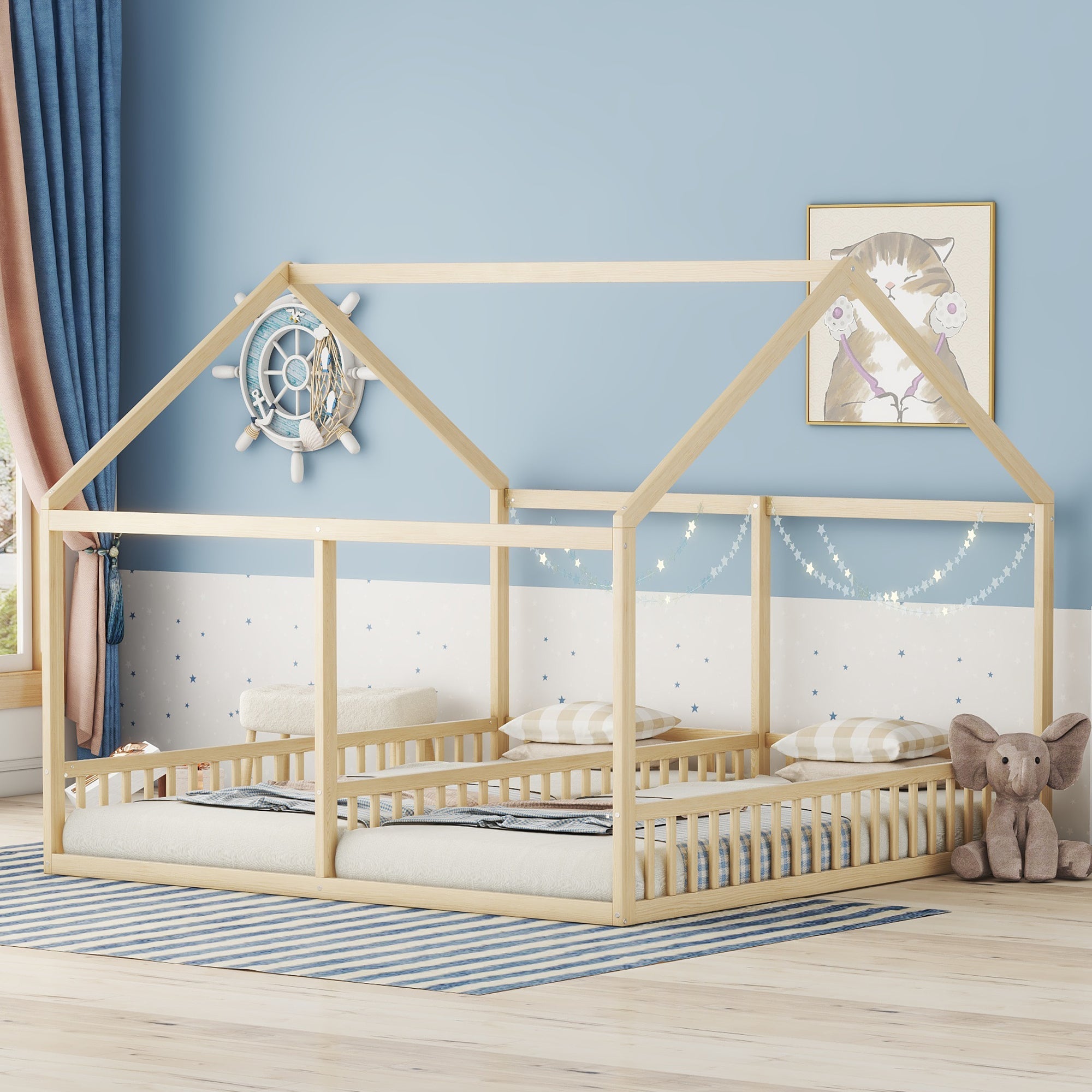 Logidon 90x200 single beds 2-in-1 house bed natural wood brown