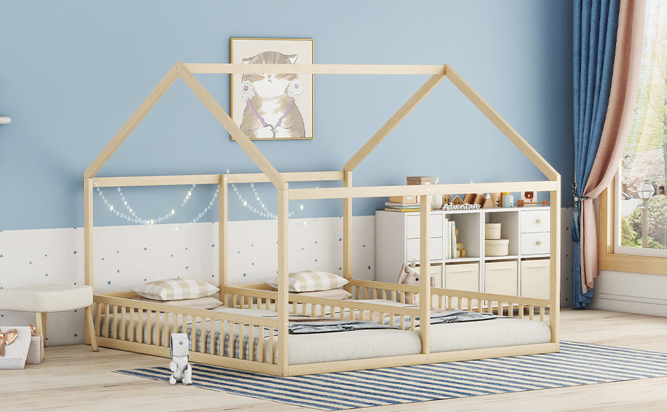 Logidon 90x200 single beds 2-in-1 house bed natural wood brown