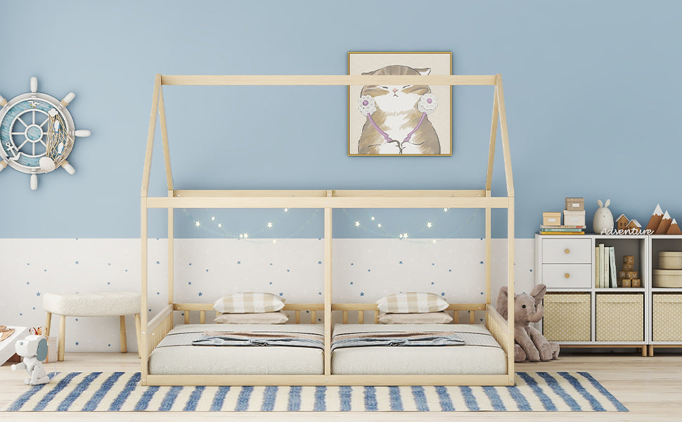 Logidon 90x200 single beds 2-in-1 house bed natural wood brown