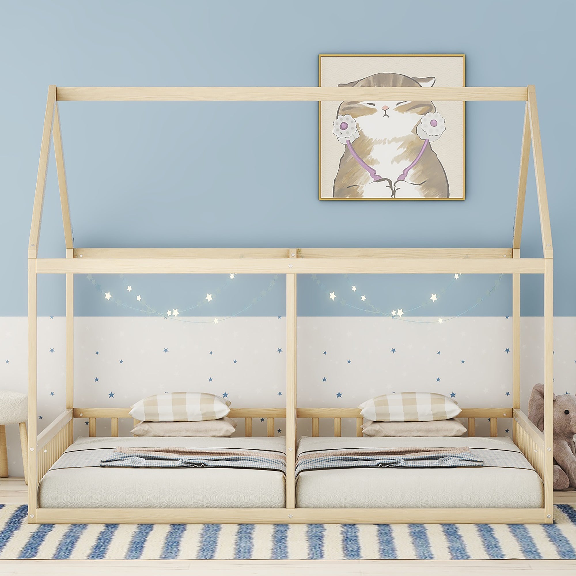 Logidon 90x200 single beds 2-in-1 house bed natural wood brown