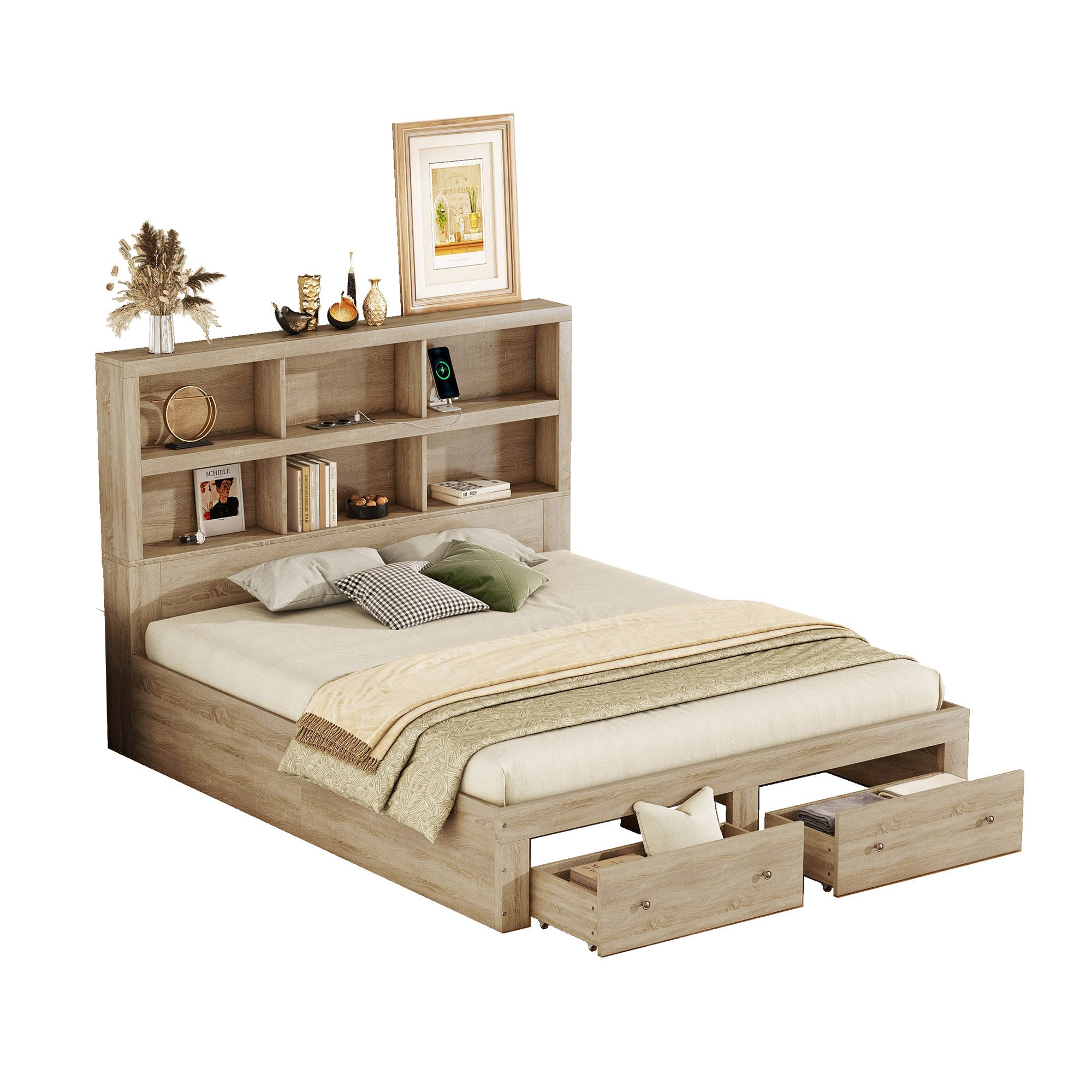 Logidon 160x200 tweepersoonsbed naturel met opbergruimte hoofdbordladen