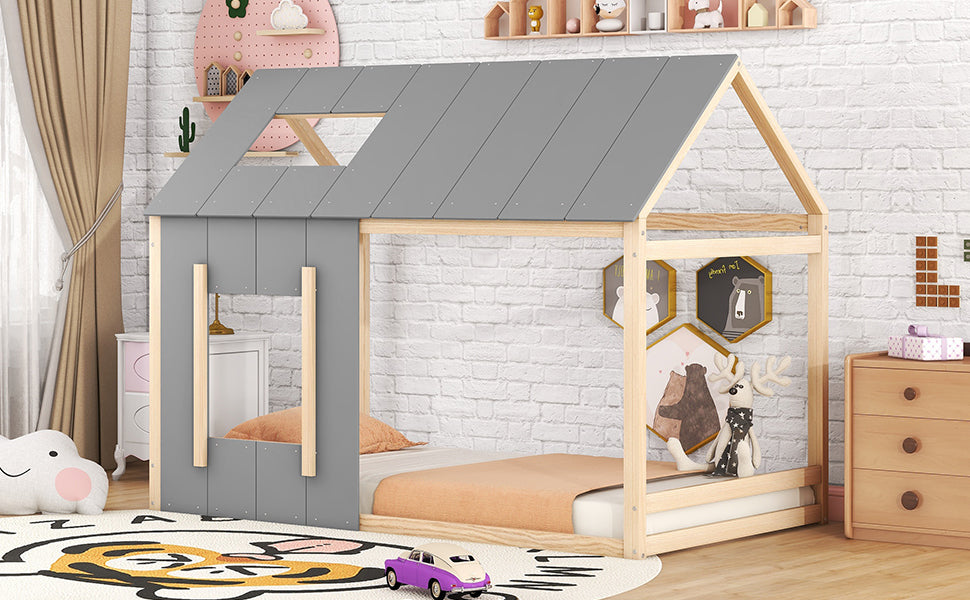 Logidon 90 x 200 kinderbed huisvorm grijs natuurlijk dakraam
