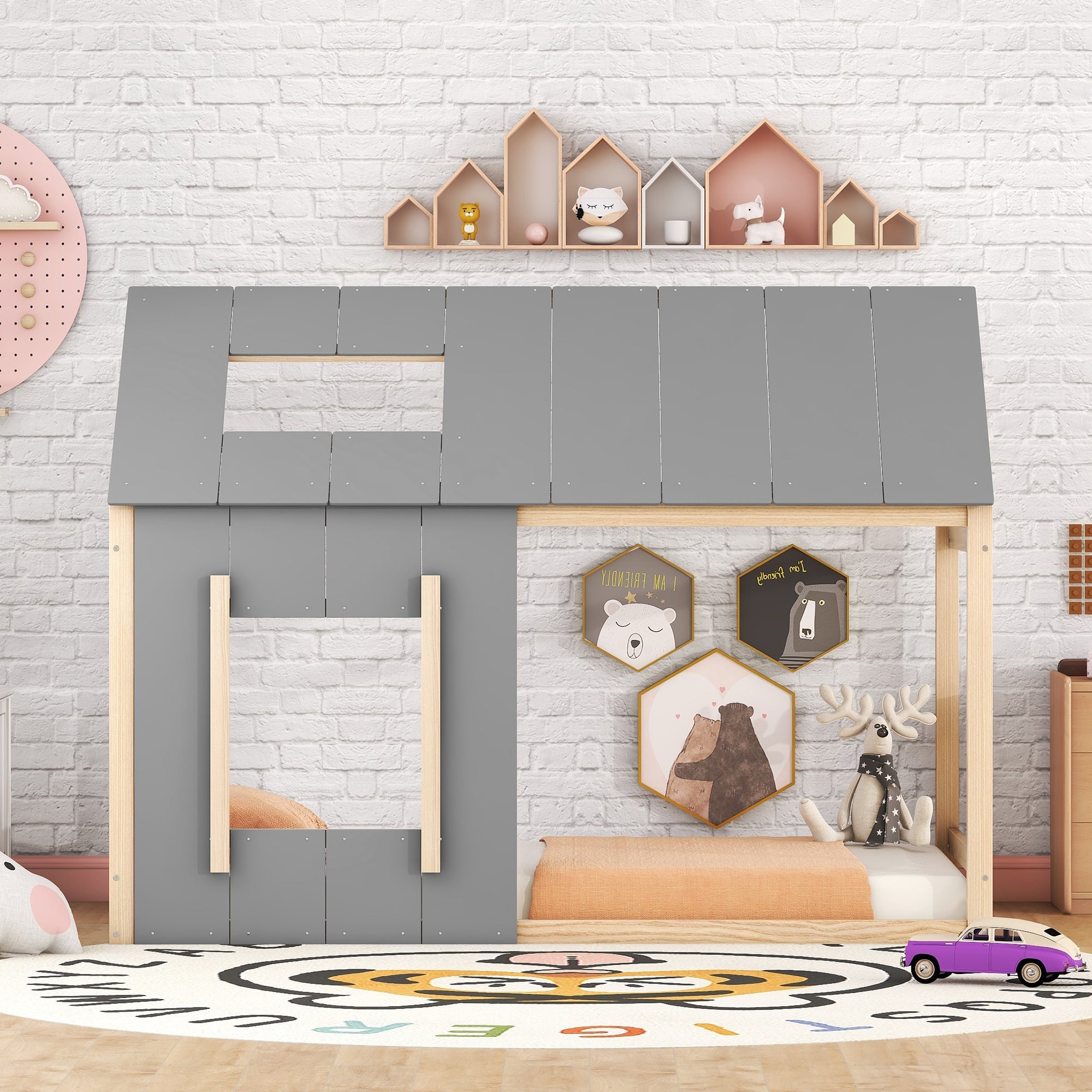 Logidon 90 x 200 kinderbed huisvorm grijs natuurlijk dakraam