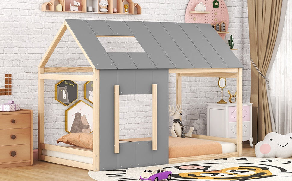 Logidon 90 x 200 kinderbed huisvorm grijs natuurlijk dakraam