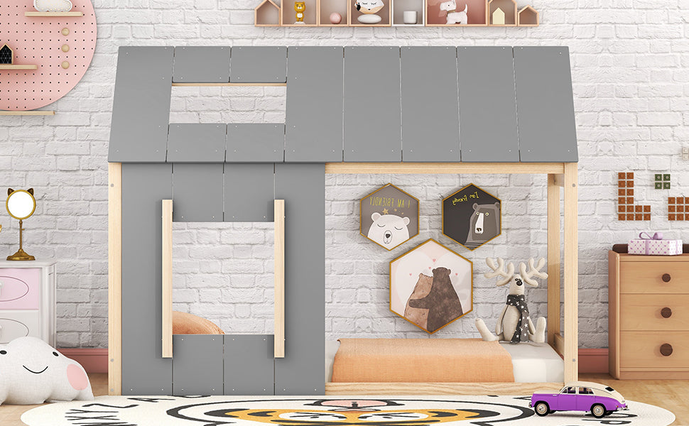 Logidon 90 x 200 kinderbed huisvorm grijs natuurlijk dakraam