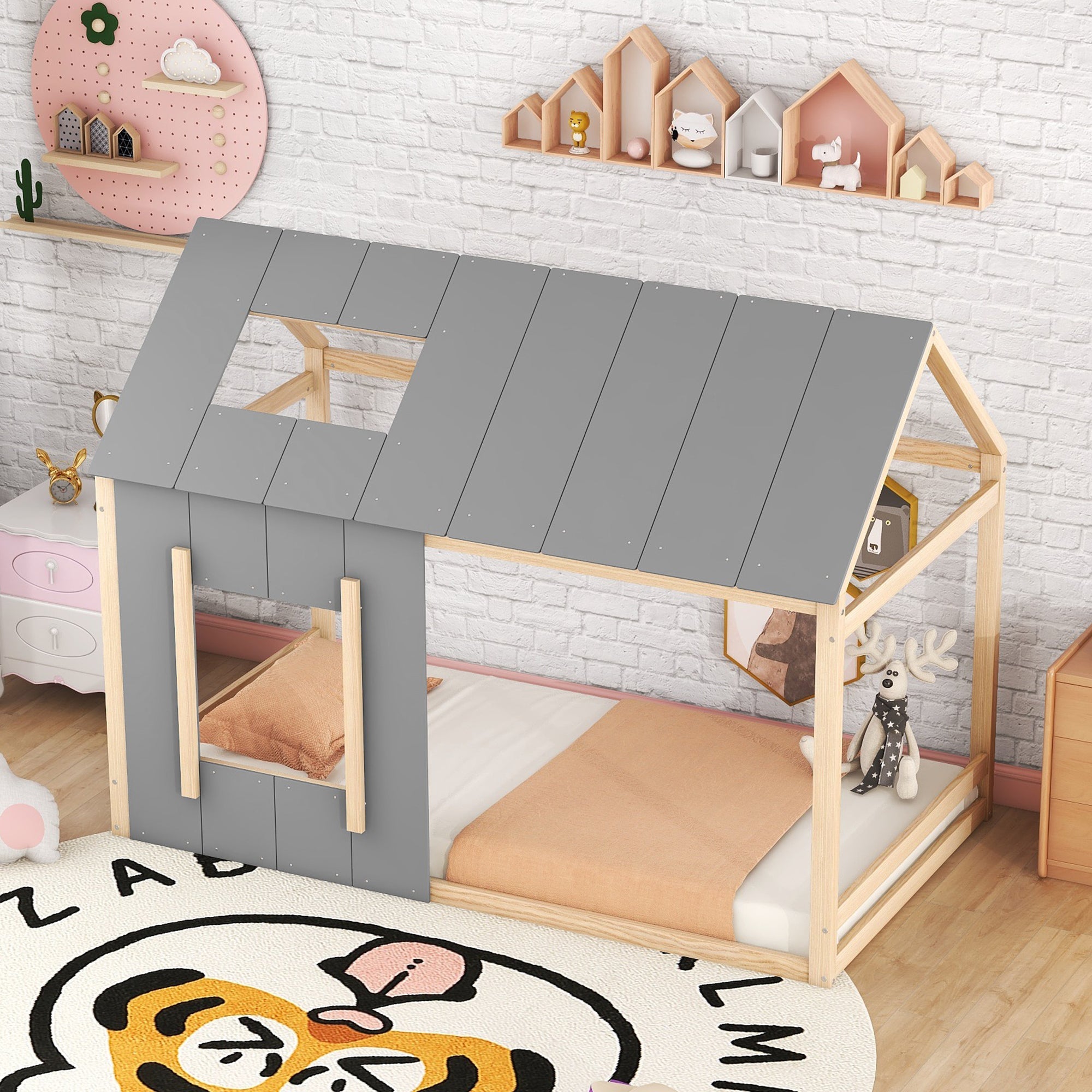 Logidon 90 x 200 kinderbed huisvorm grijs natuurlijk dakraam