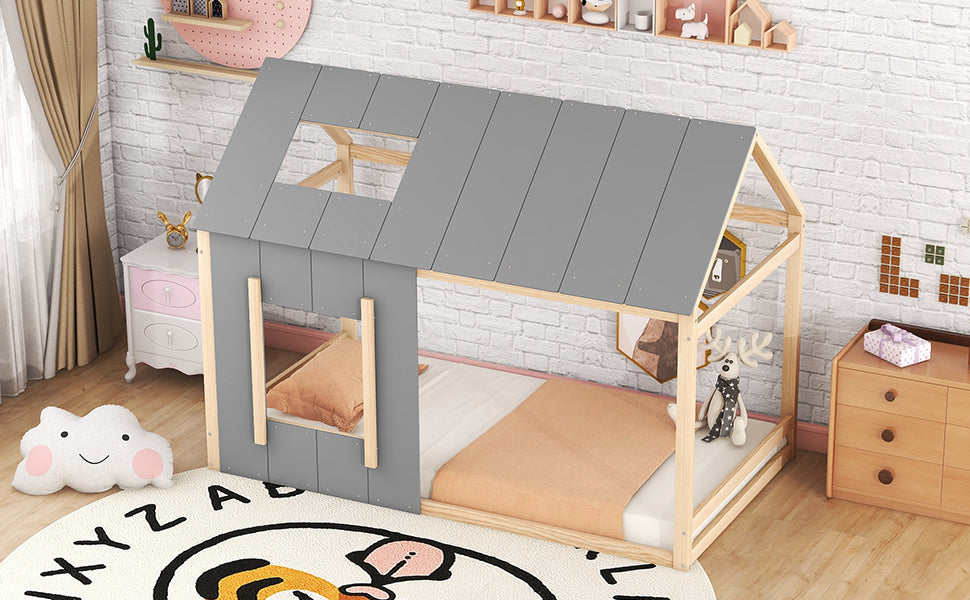 Logidon 90 x 200 kinderbed huisvorm grijs natuurlijk dakraam