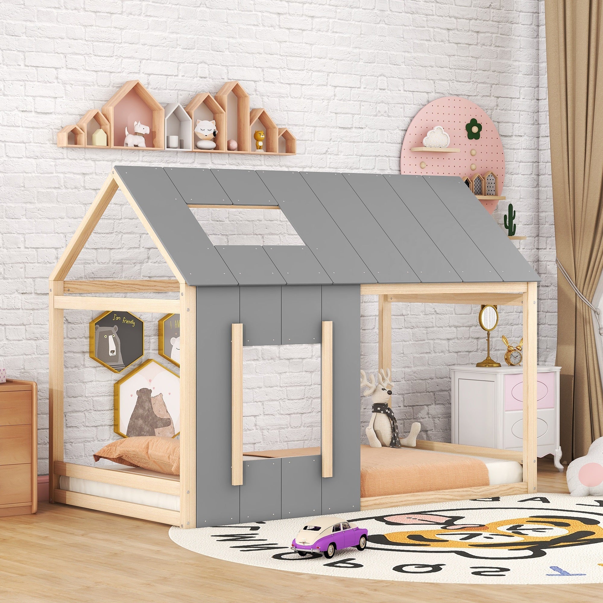 Logidon 90 x 200 kinderbed huisvorm grijs natuurlijk dakraam