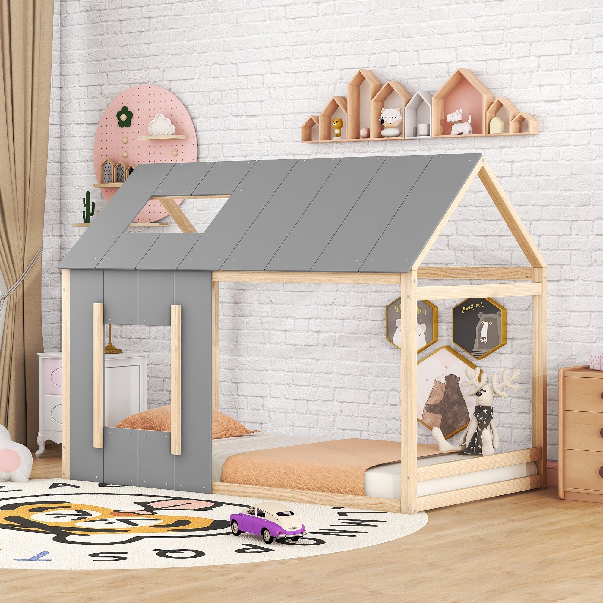 Logidon 90 x 200 kinderbed huisvorm grijs natuurlijk dakraam