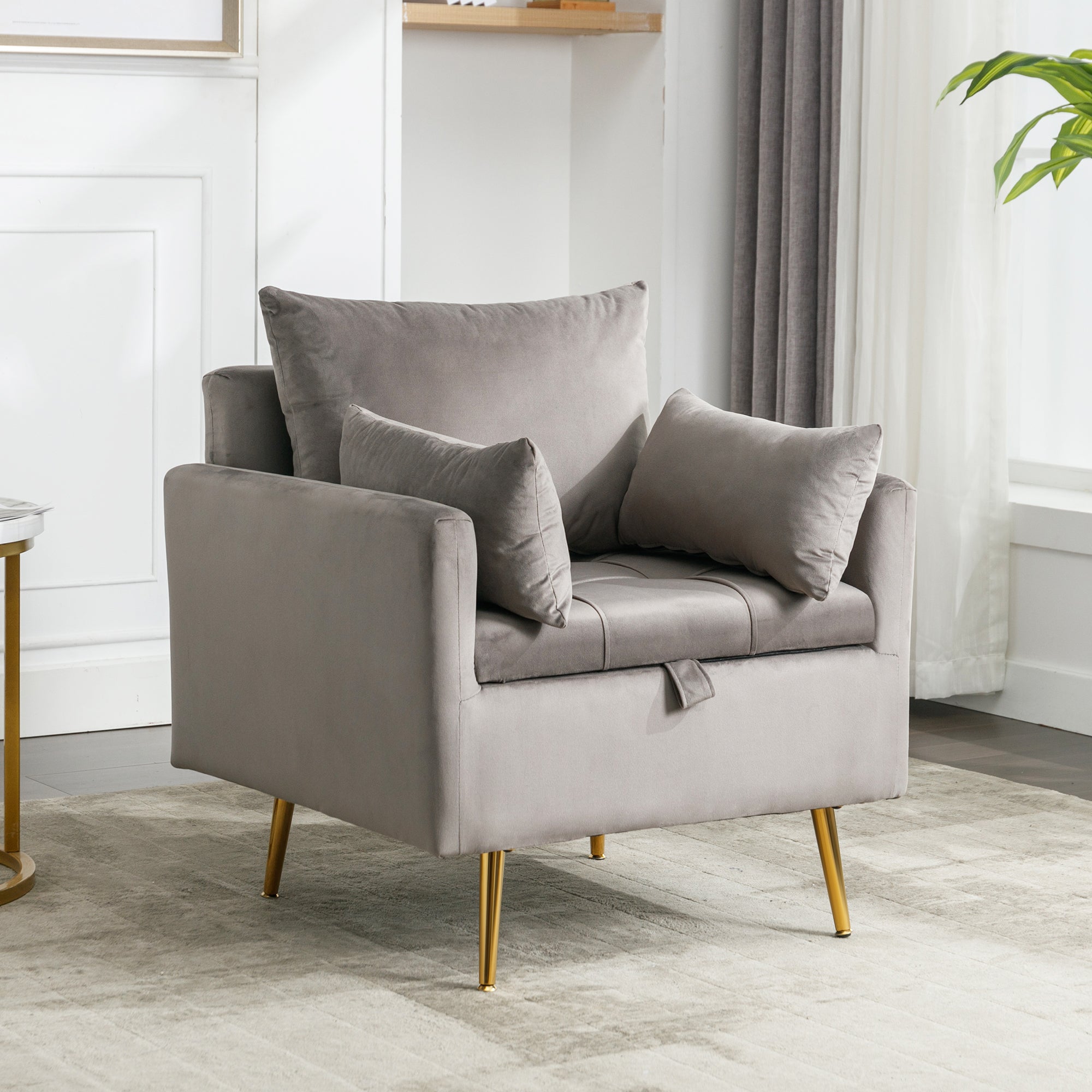 Logidon fluwelen stoel met opbergruimte Grijze moderne fauteuil