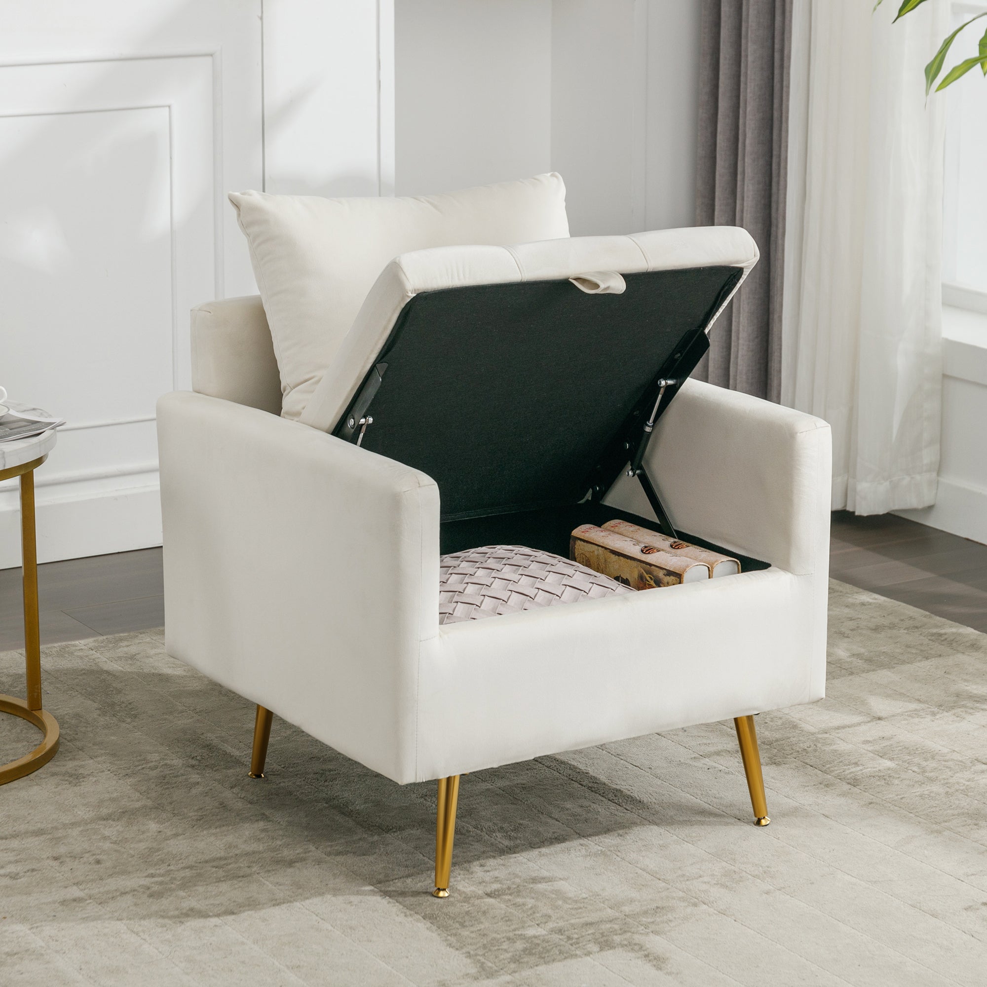 Logidon moderne fluwelen stoel beige met opbergruimte en gouden poten