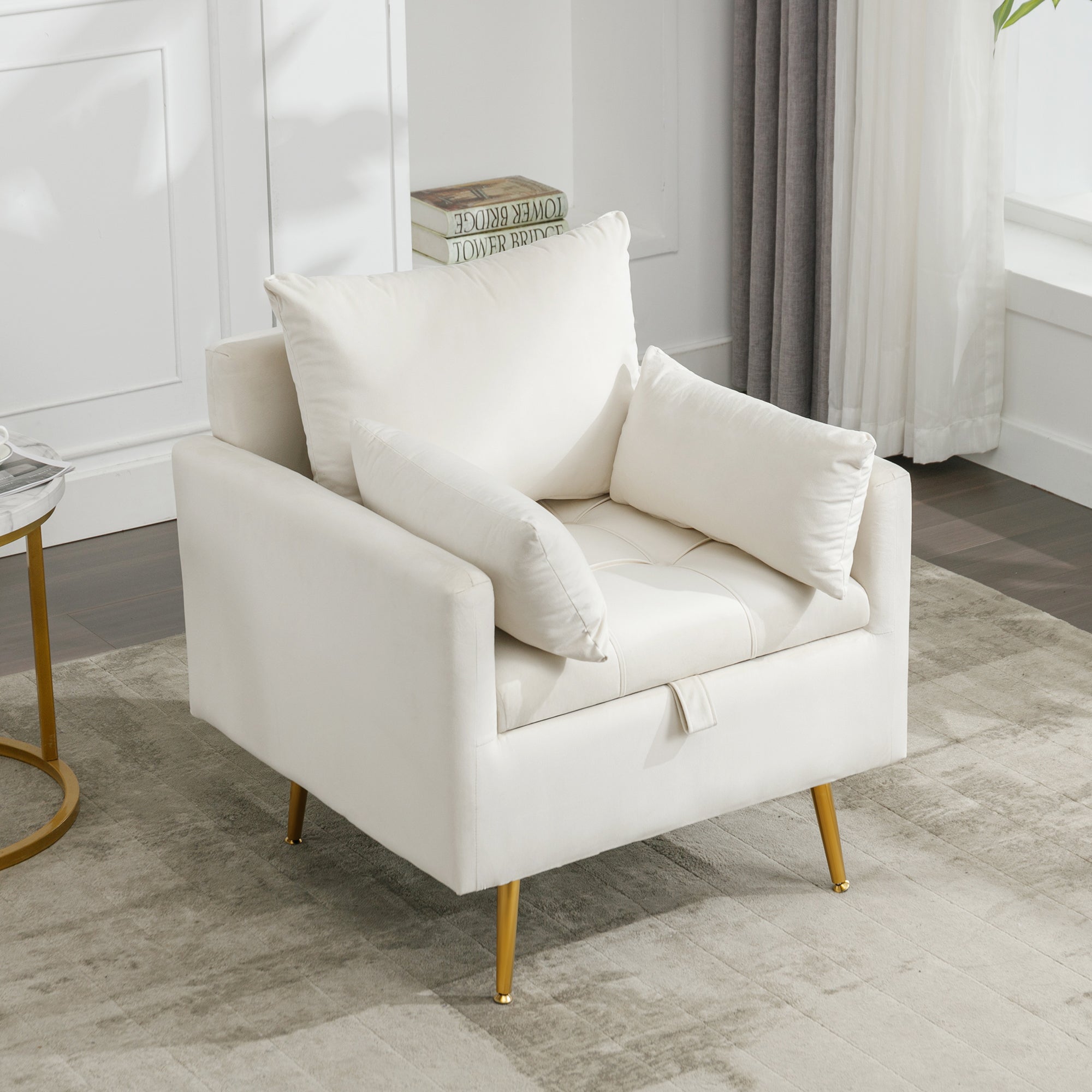 Logidon moderne fluwelen stoel beige met opbergruimte en gouden poten