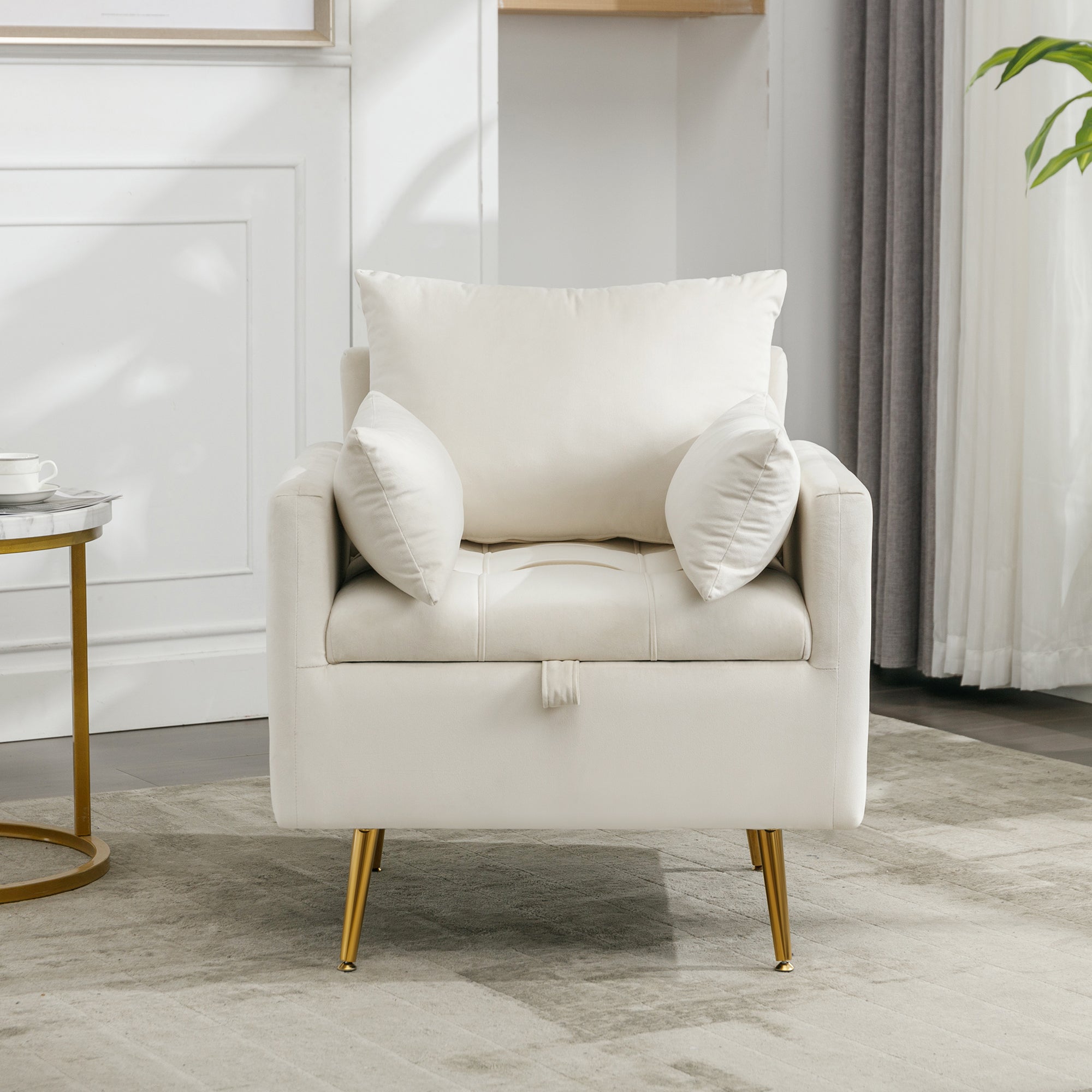 Logidon moderne fluwelen stoel beige met opbergruimte en gouden poten