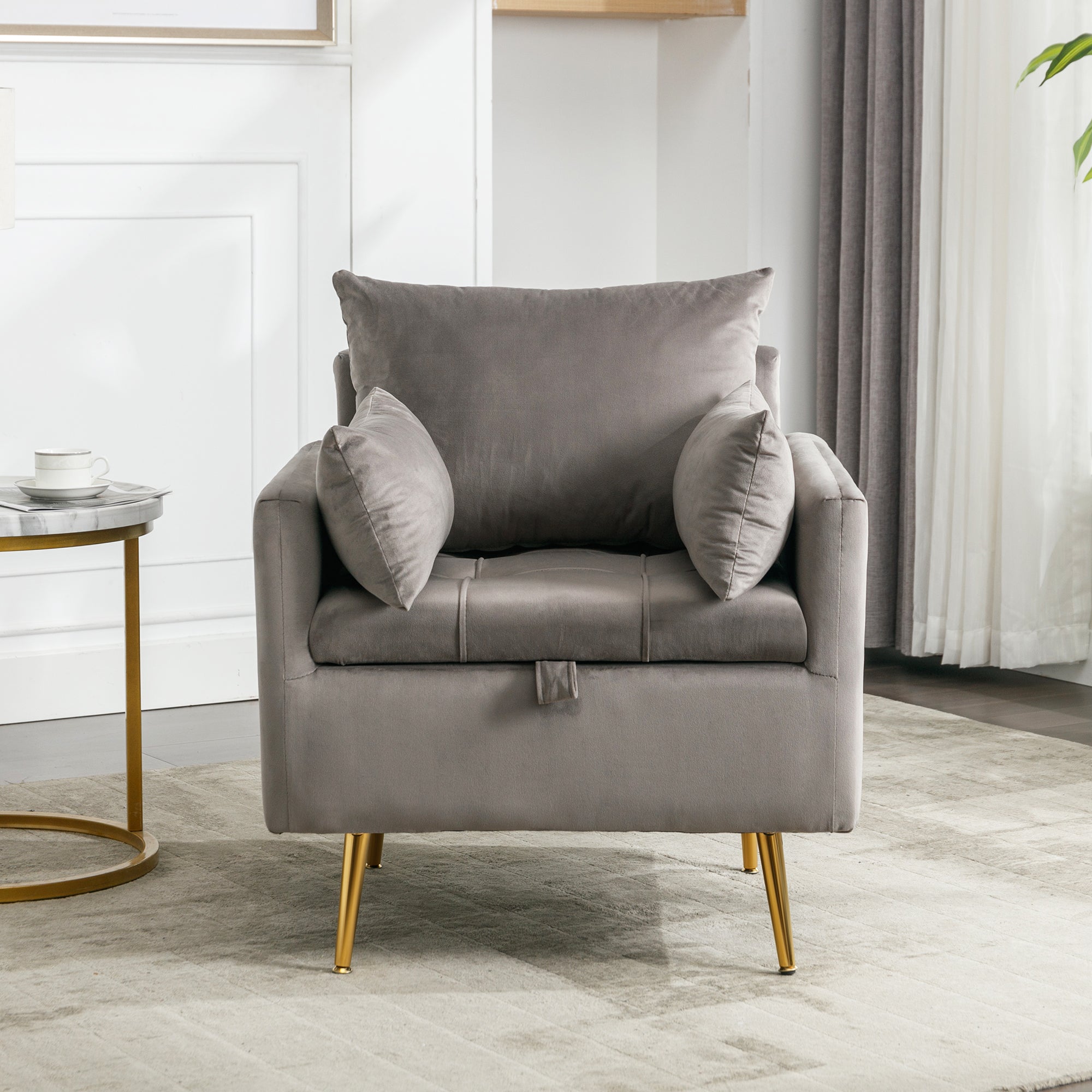 Logidon fluwelen stoel met opbergruimte Grijze moderne fauteuil