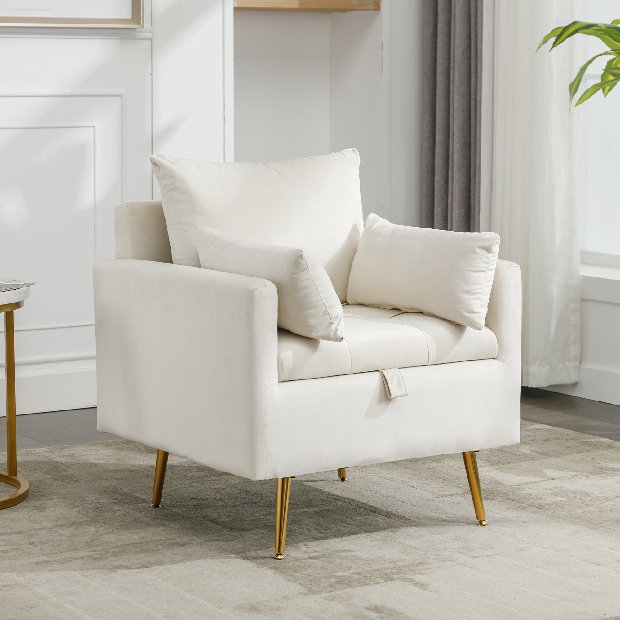 Logidon moderne fluwelen stoel beige met opbergruimte en gouden poten