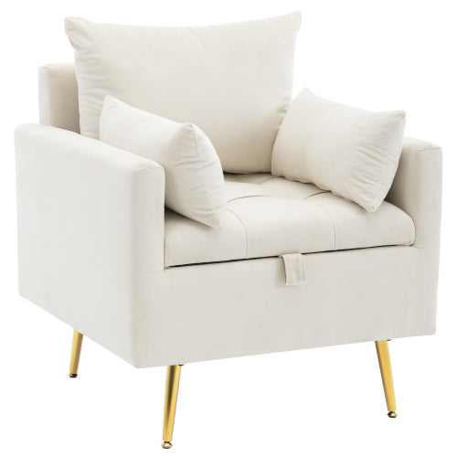 Logidon moderne fluwelen stoel beige met opbergruimte en gouden poten