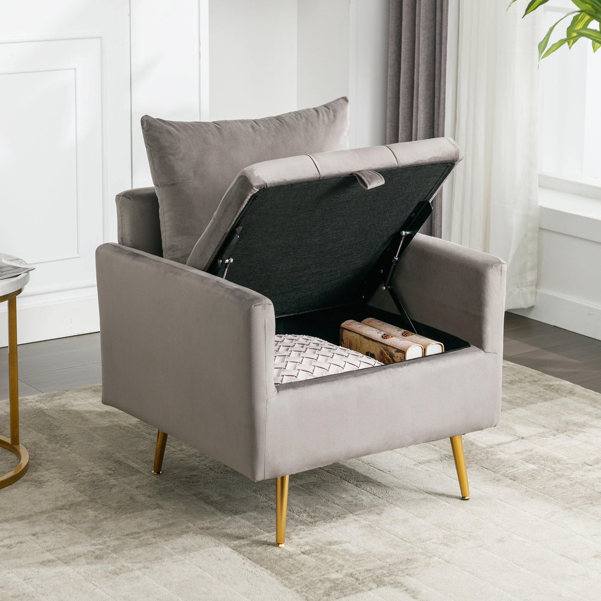 Logidon fluwelen stoel met opbergruimte Grijze moderne fauteuil