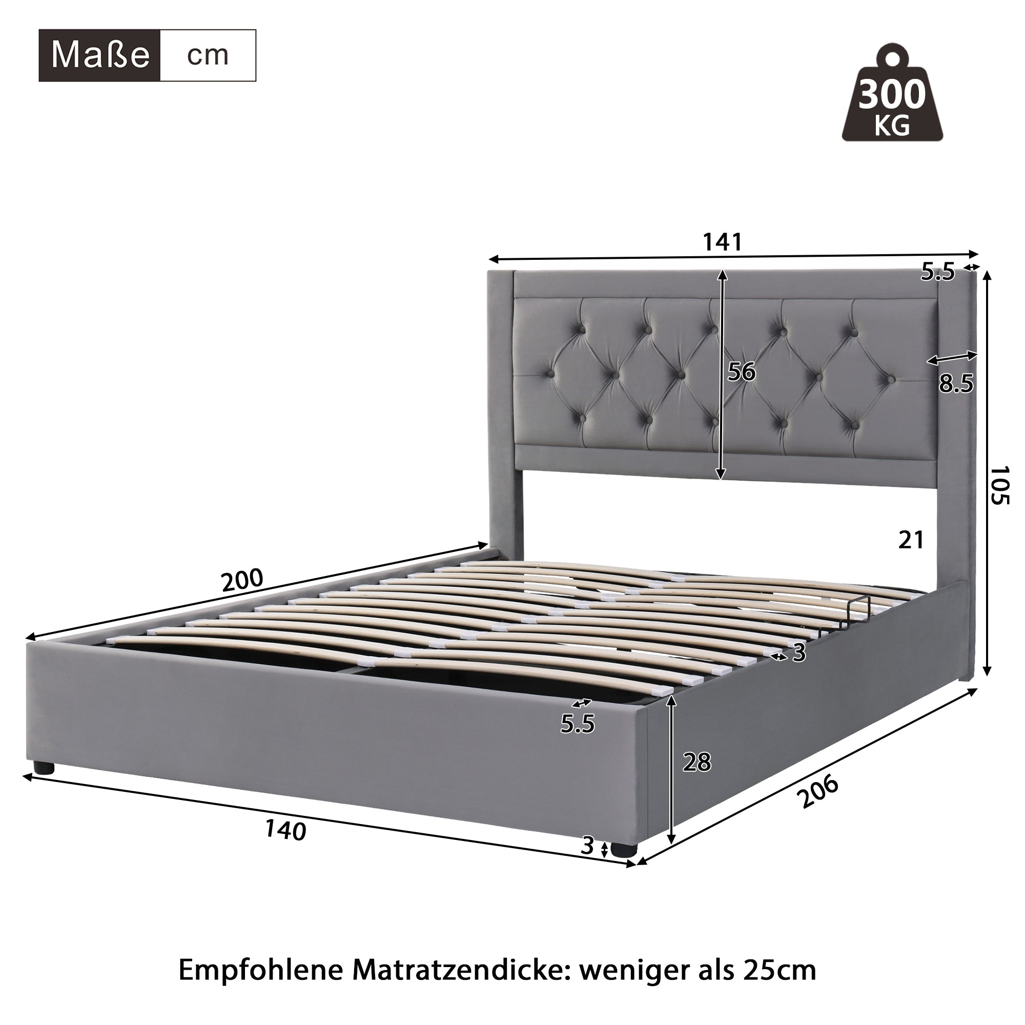 Logidon gestoffeerd bed met opbergruimte Chesterfield stijl 140x200 grijs